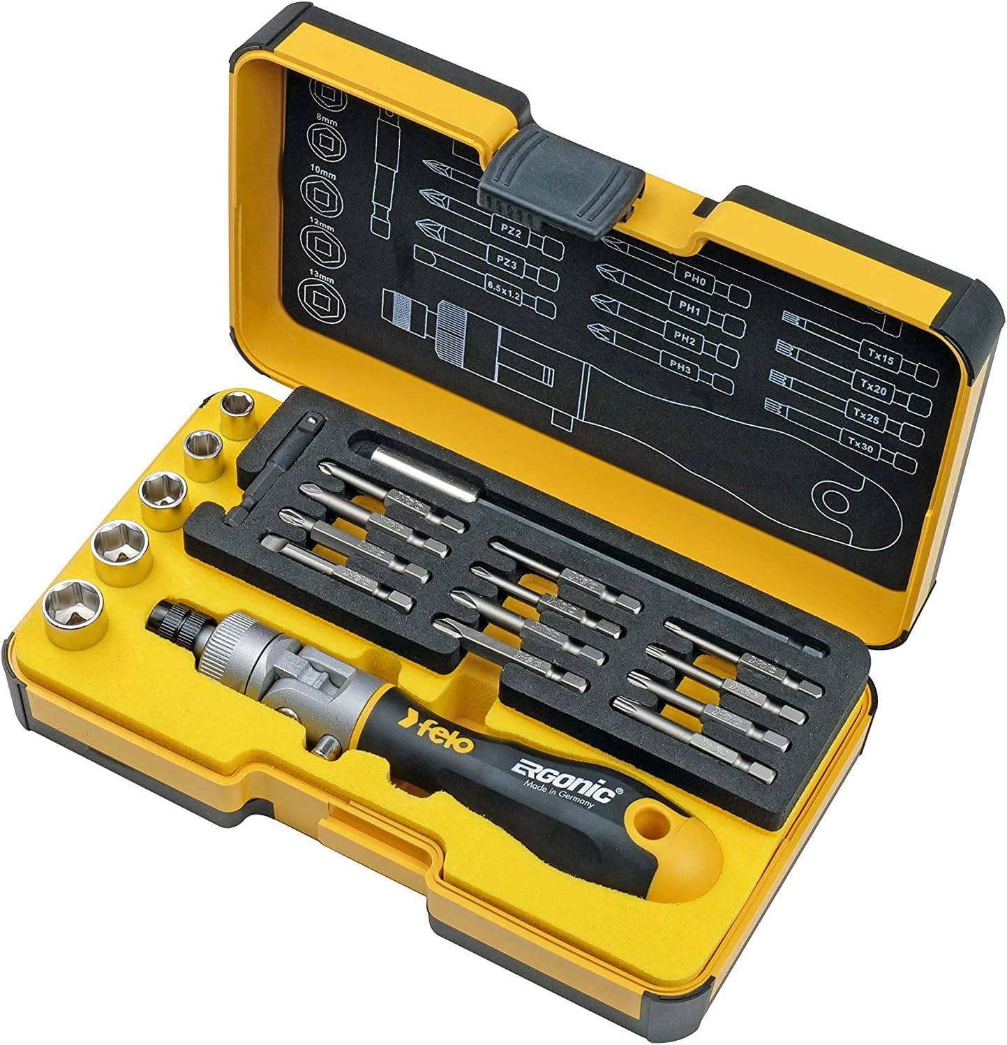 Felo ERGONIC K Box 20-teilig mit Ratsche/Knickschrauber, Bits & Steckschlüssel Felo Jgo. Multicolor