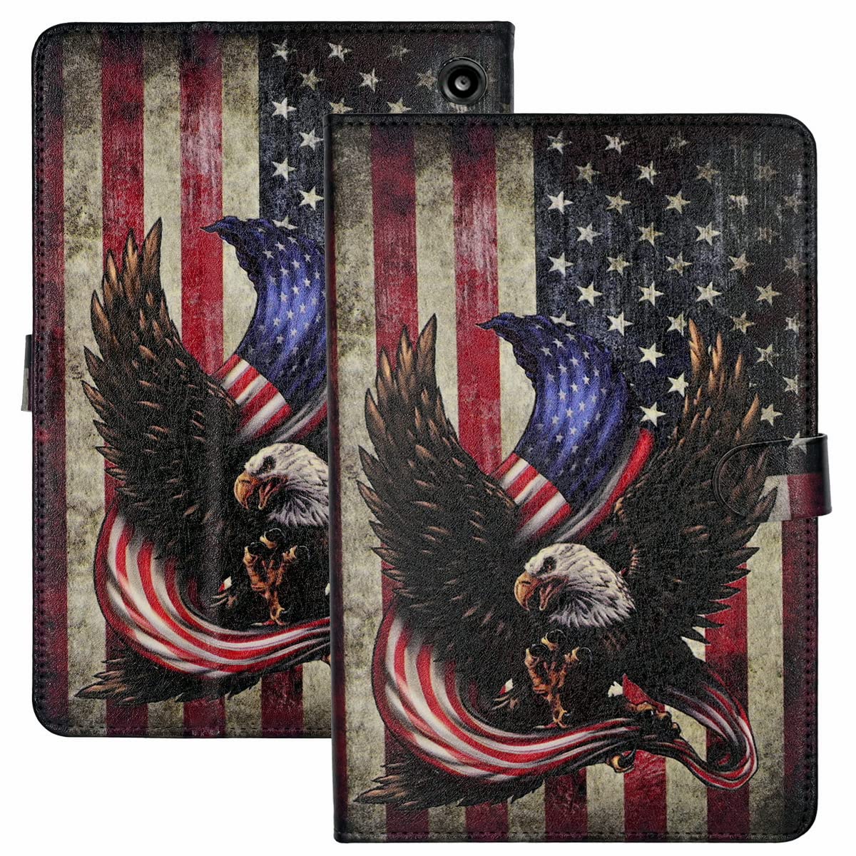 Case for Kindle Fire 7 Tablet 12th Generation (2022 Release), Slim PU Leather Folding Stand Shell with Auto Wake/Sleep Smart Cover, Bald Eagle American Flag
