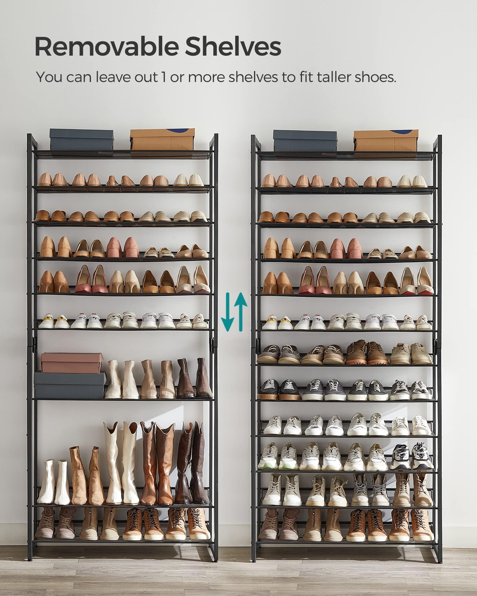 SONGMICS Shoe Rack, 12-Tier Tall Metal Shoe Storage Organizer for Closet, Entryway, Garage, Set of 2 6-Tier Big Stackable Shoes Rack, Adjustable Feet & Slanted Shelves, Holds 48-60 Pairs, Black