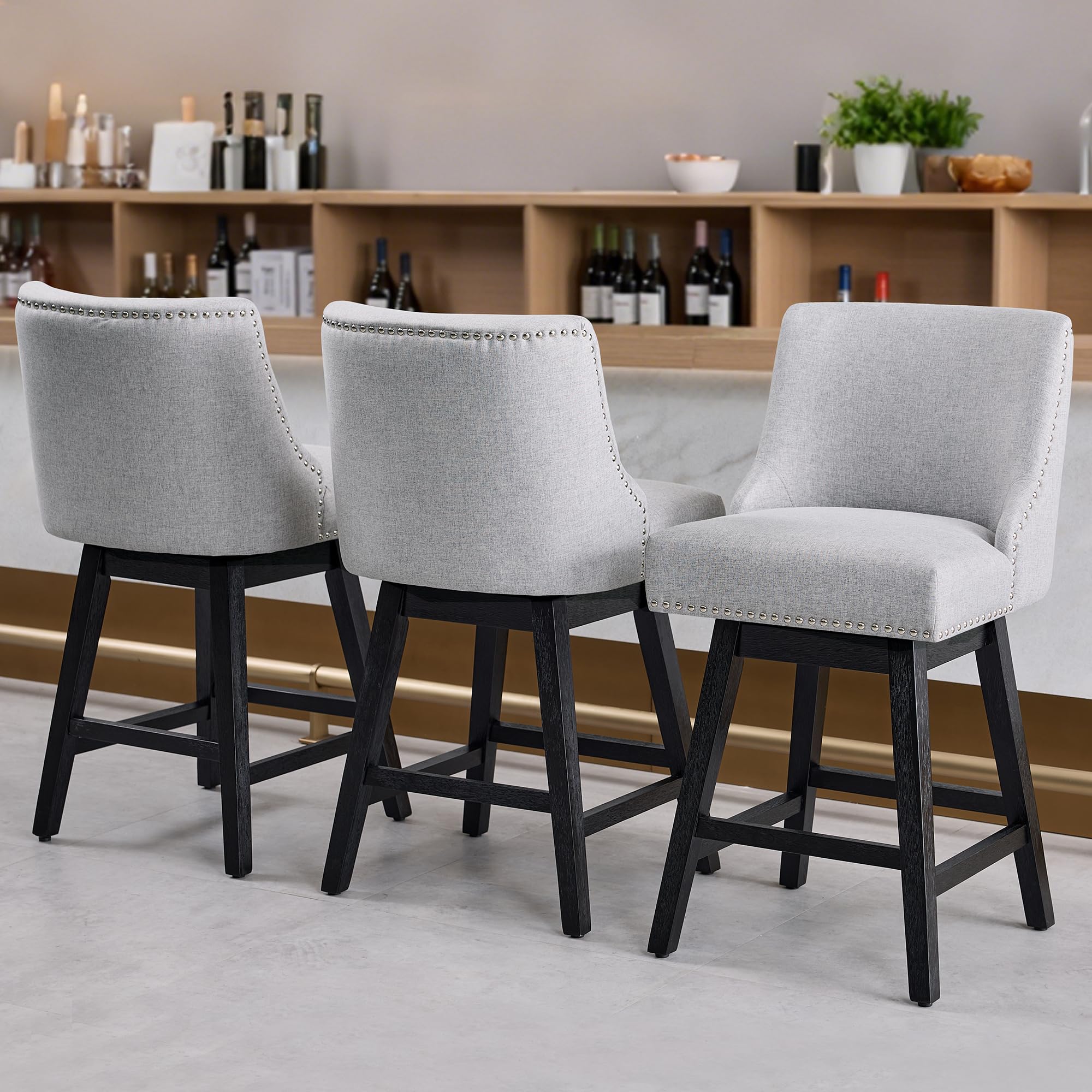 Photo 1 of ***MISSING PARTS***
Erdoru Counter Height Swivel Bar Stools Set of 3, Modern Linen Fabric Swivel Barstools with Back and Wood Legs, Upholstered 26" Seat Height Counter Stools for Kitchen Island, Home Bar, Grey