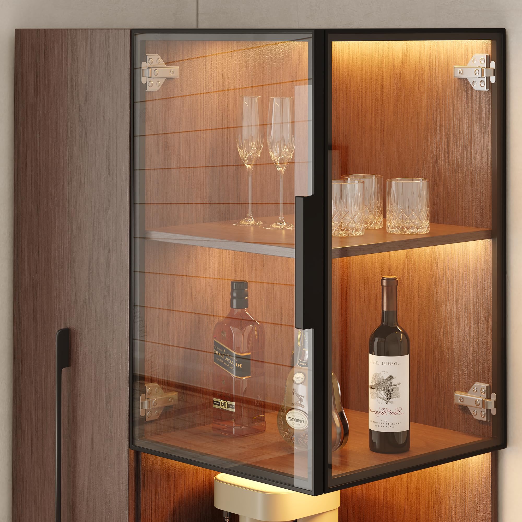Armario de vitrina de 70 x 38 x 160 cm con estante extraíble, doble cristal, armario de madera MDF de nogal, almacenamiento, armario alto multifuncional para salón, comedor, cocina, color