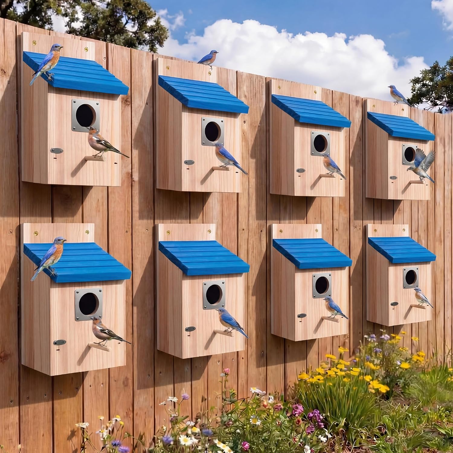 Dreyoo Cedar Bluebird Box Houses for Outside, 1-1/2'' Entrance Hole Wooden Bird Houses with Metal Guard, Secure Latch, Fledgling Grooves, Air Vents for Bluebird Wren Swallow(8 Pack)
