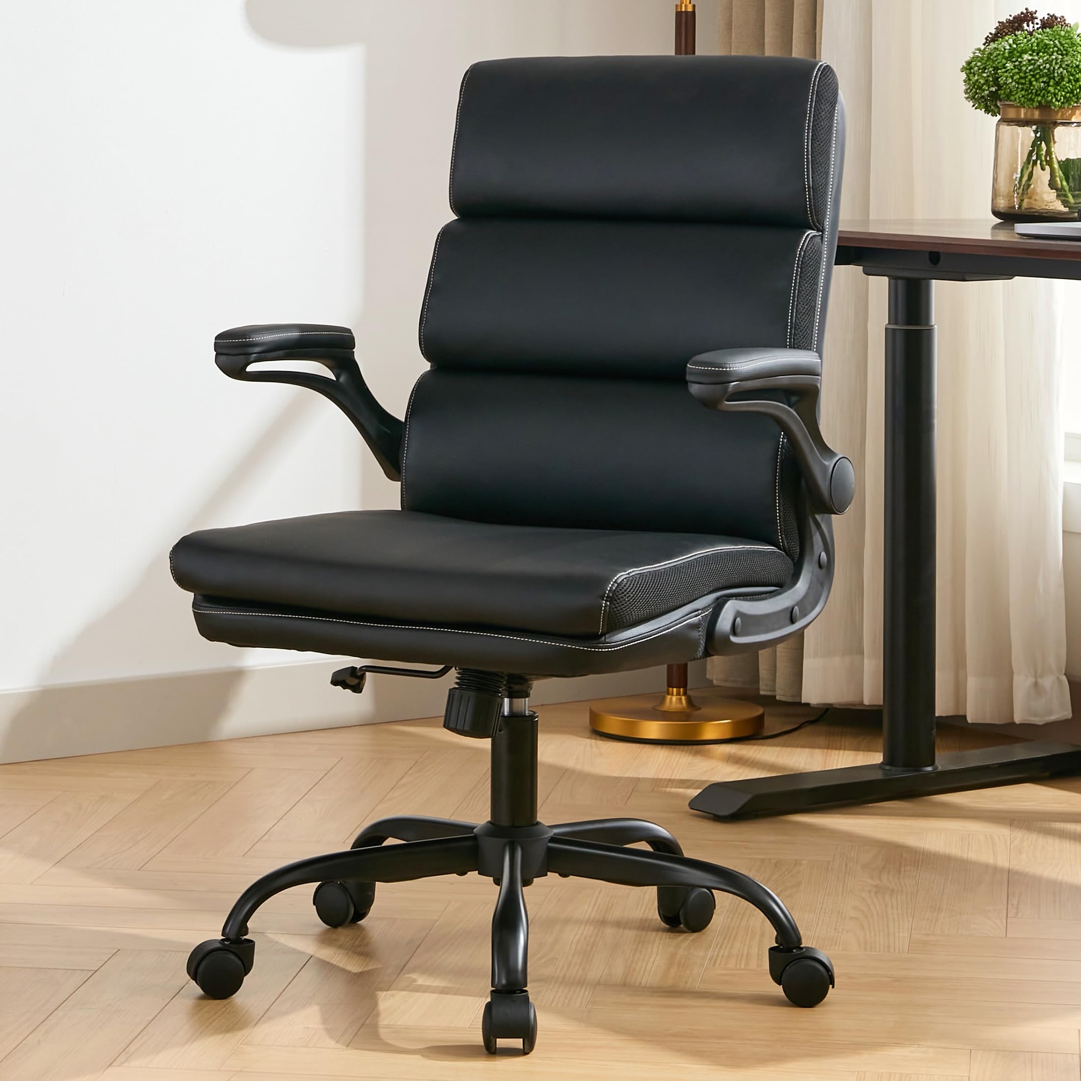 LukkDys Executive Office Chair with Flip-Up Armrests, 3-Stage Lumbar Support, Ergonomic Mid Back PU Leather Swivel Chair, Comfy Desk Chair with Tilt & Wheels, Height Adjustable for Home Office,Black