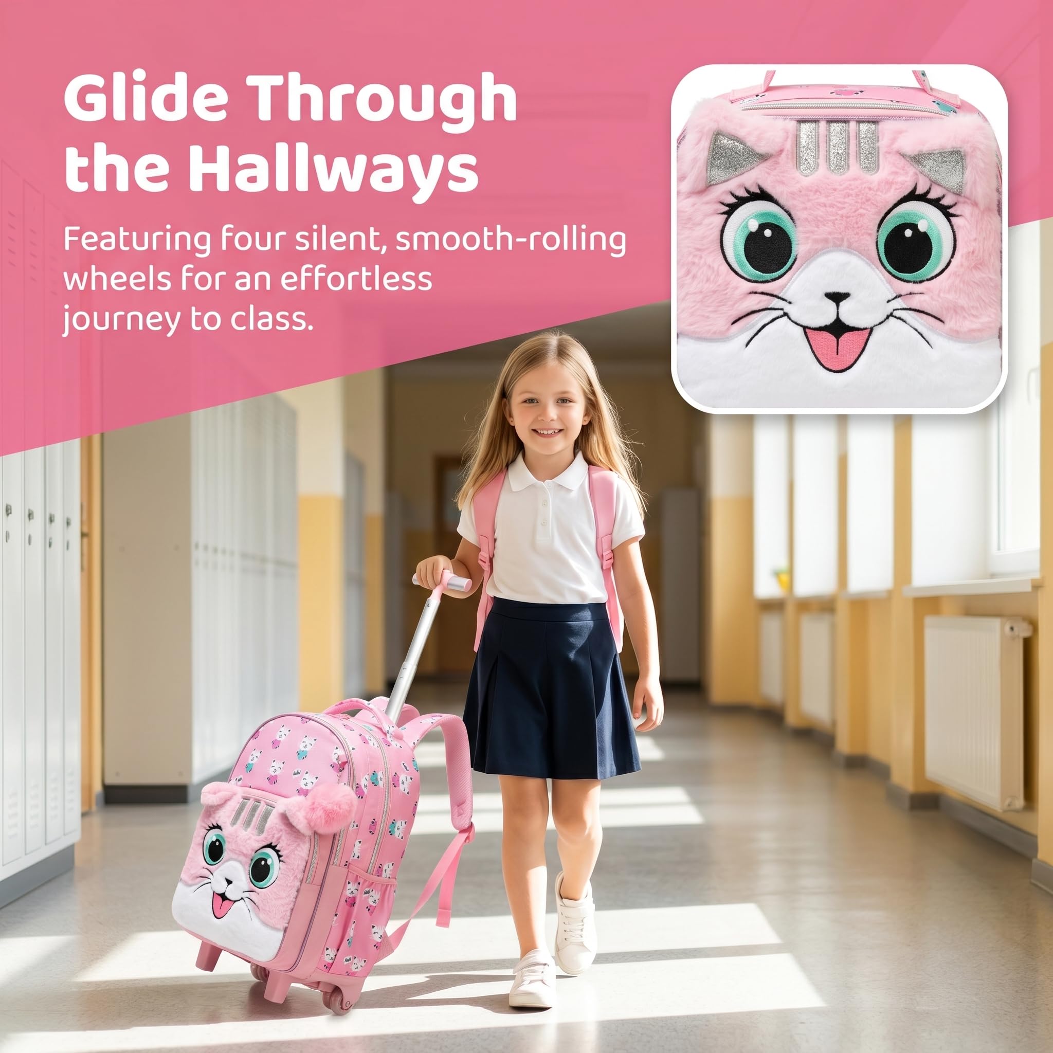 Sac a Dos Roulette Fille Enfant Cartable Cabine Primaire Valise École Maternelle Sacs à D'école pour Voyage de Bagages Ensemble Grand Étudian Simple Poches Tissu Peluche Rose Chat