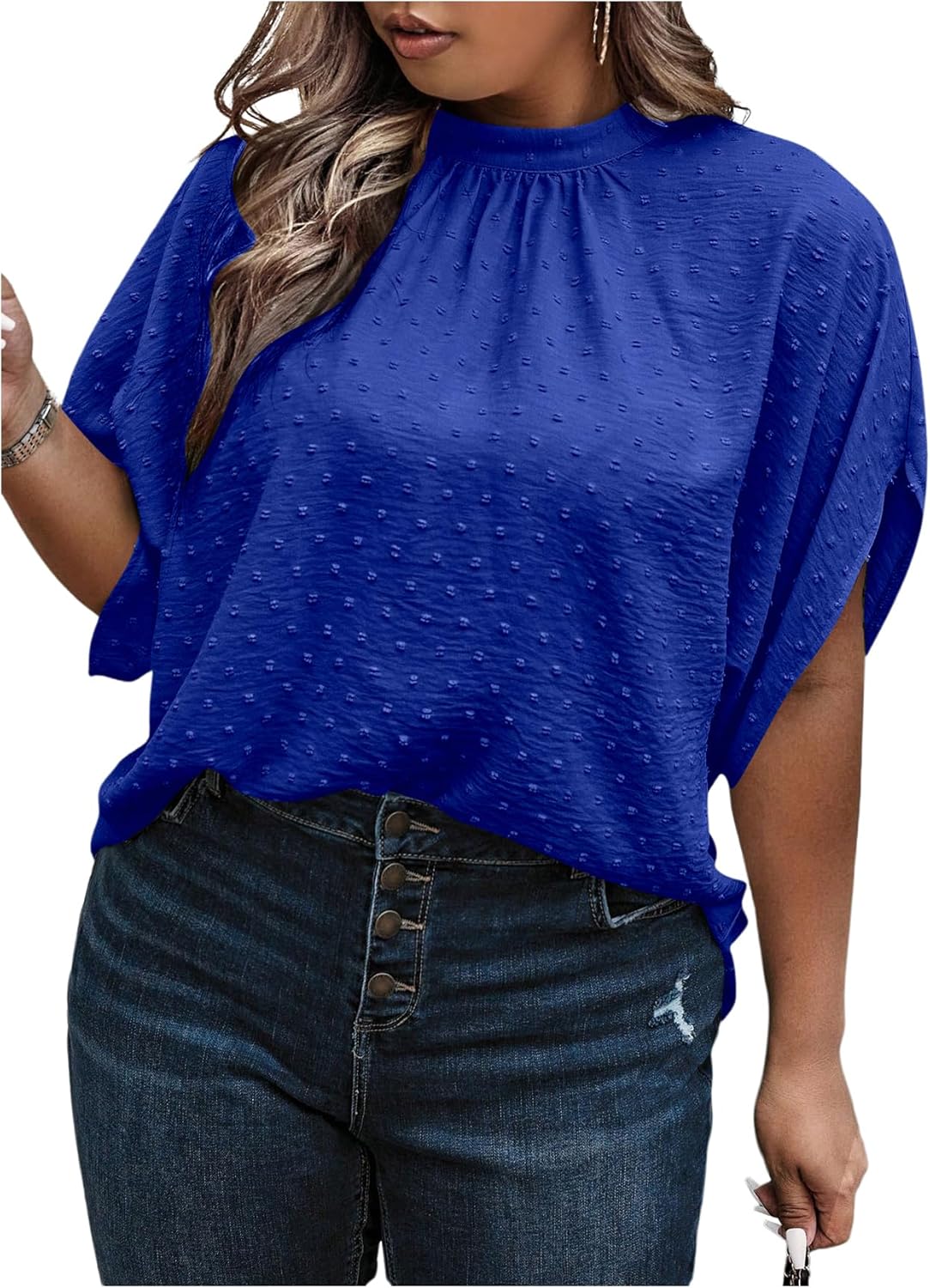 SOLY HUX Women's Plus Size Dressy Casual Shirts Swiss Dots Mock Neck Blouse Half Sleeve Tie Back Business Work Tops