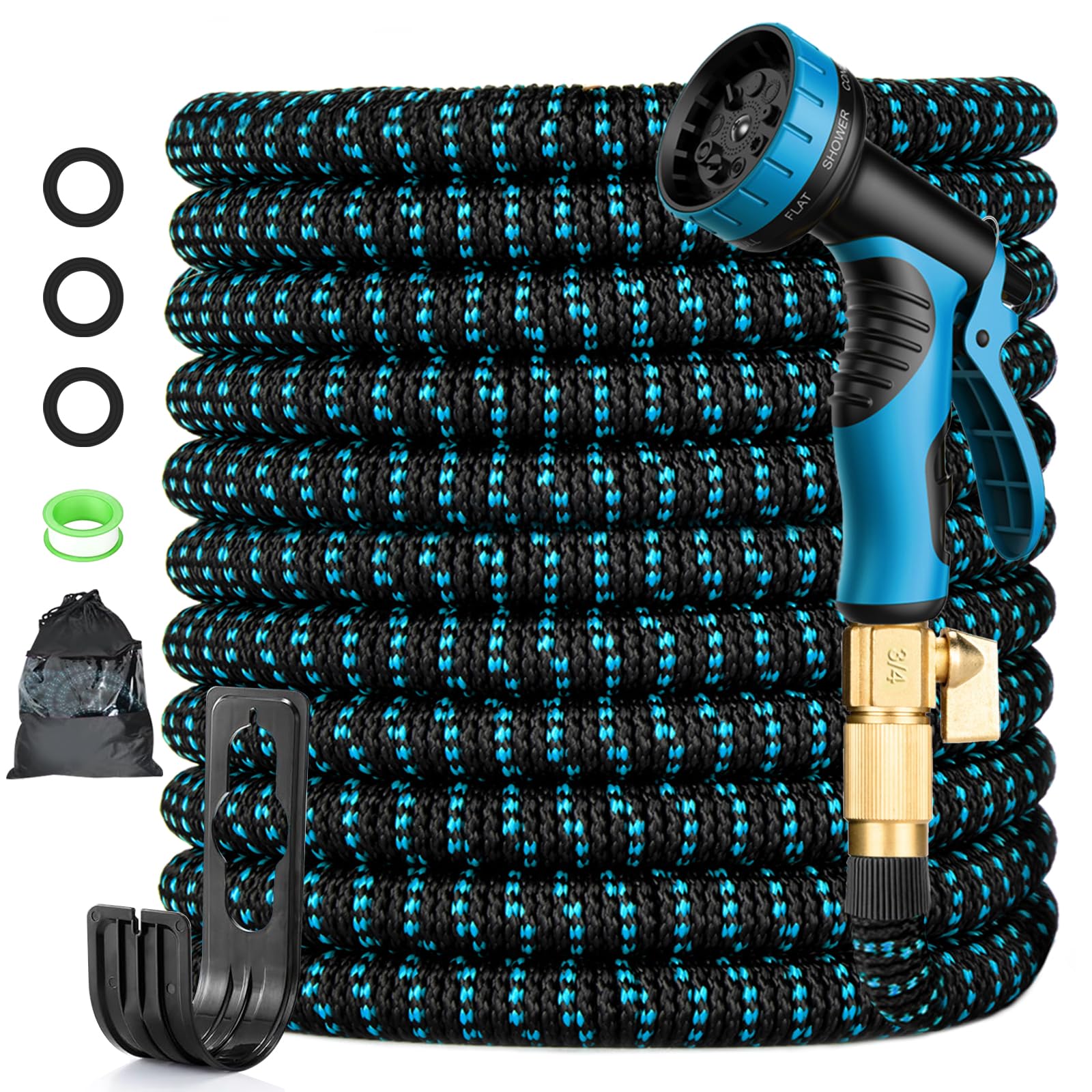 Expandable Garden Hose 100FT, Lightweight Water Hose with 10 Function Nozzle & 3/4" Solid Brass Fittings,Kink Free Retractable Collapsible Flexible Gardening Hose Pipe with Hook and Storage Bag,Blue - 2