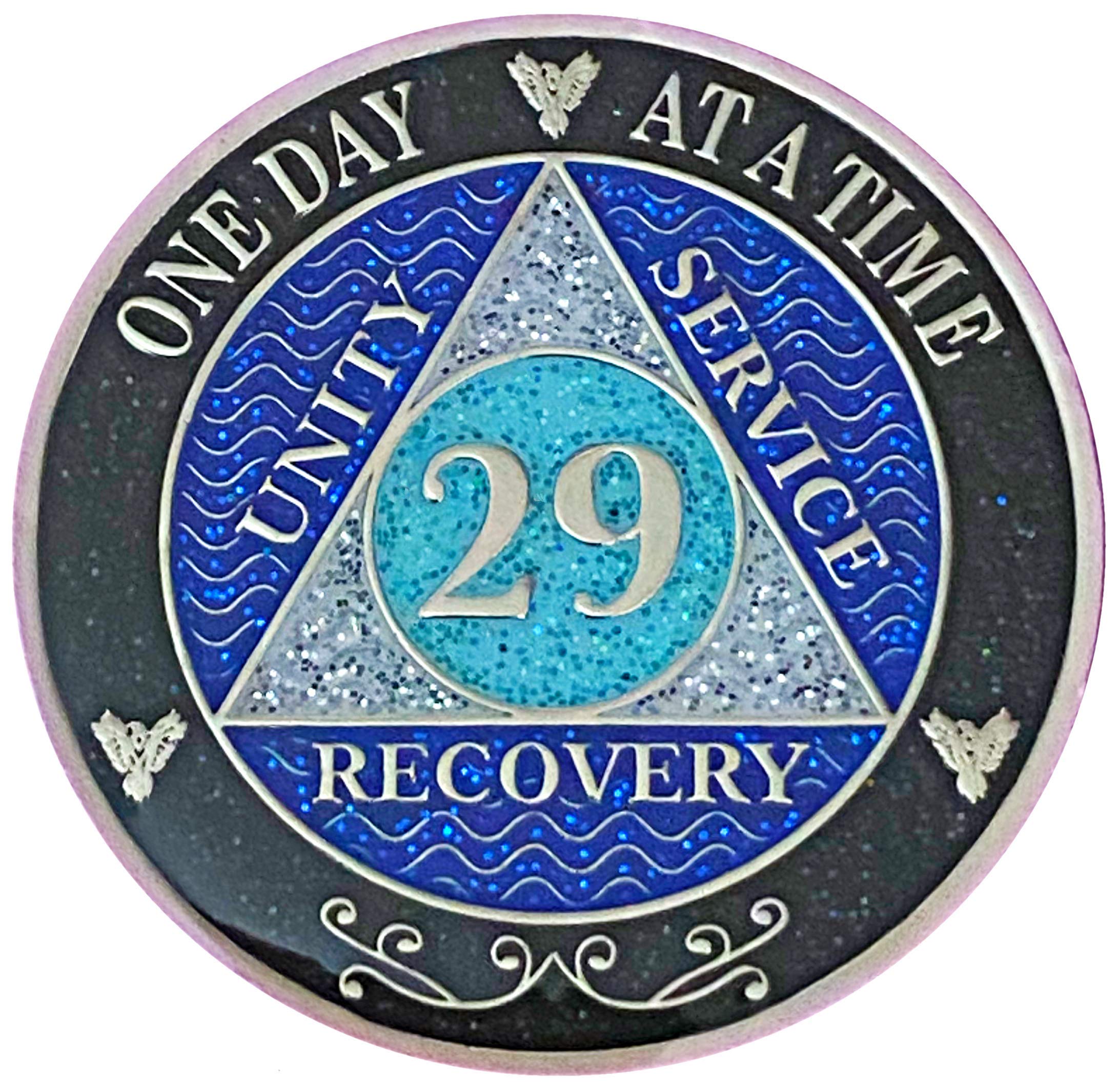 (Years 1-50) 29 Year AA Recovery Silver Color Plated Glitter Medallion, Black Rainbow, Blue, Silver Glitter Coin, Epoxy Covered (AA 29 Year Glitter
