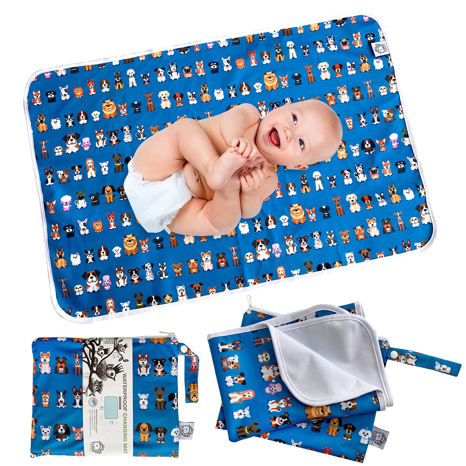 Flockthree Waterproof Baby Changing Pad with Storage Bag (28.7" X 19.7") Washable Wipeable Reusable Leak Proof Diaper Travel Mat Station Changing