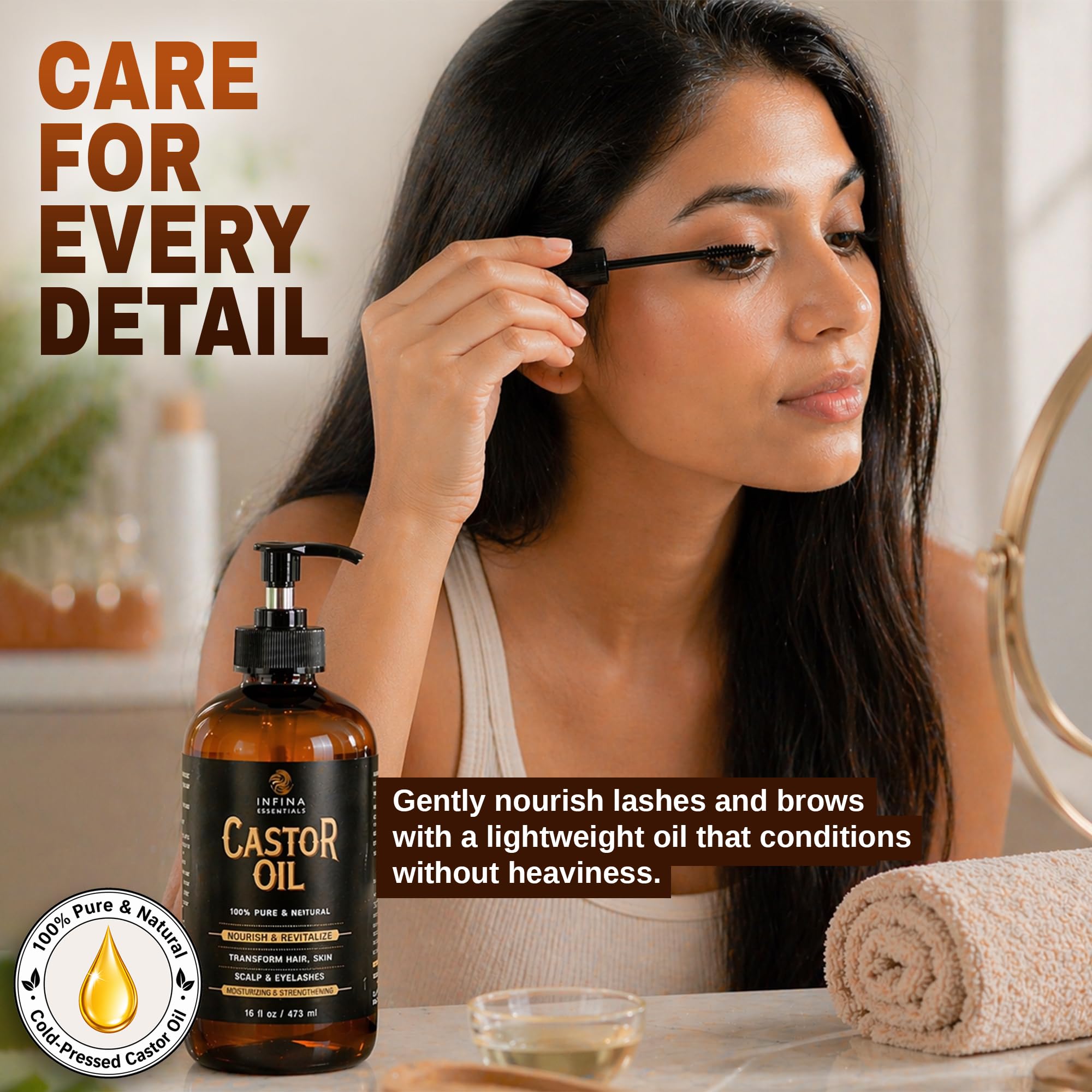 INFINA ESSENTIALS Pure Castor Oil for Hair Growth, Scalp, Skin, Face & Eyelashes - 100% Pure Hexane Free Cold Pressed Castor Oil Glass Bottle - Nourish & Moisturize Hair & Skin - 16 fl oz