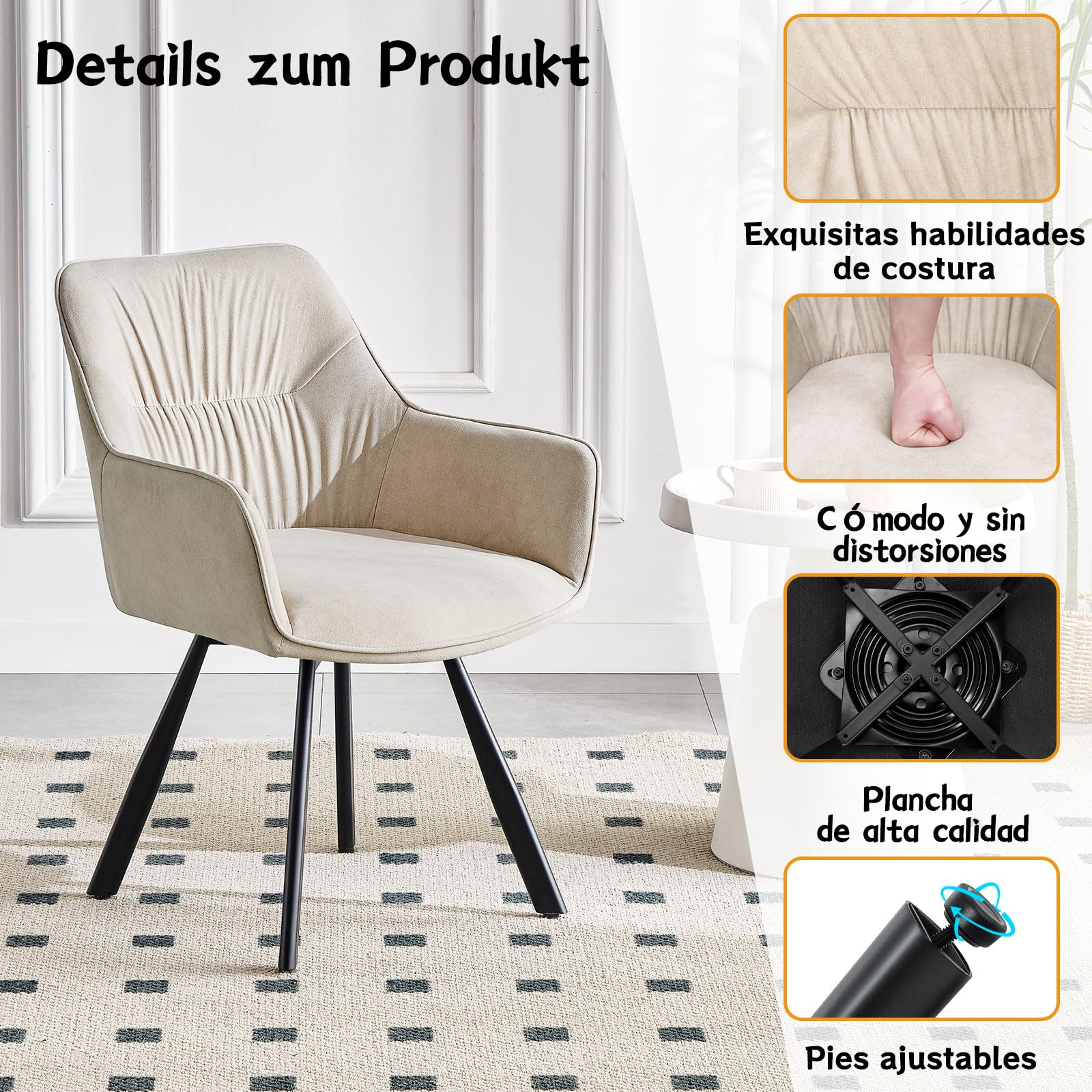 LEWE Sillas Comedor Pack 4 Giratoria 360°, Reposabrazos y Respaldo, Caqui | Asiento 7 cm, Tejido de Pelo Corto, Patas de Metal, Capacidad de carga 150 kg, Montaje fácil, para Comedor, Salón, Cocina