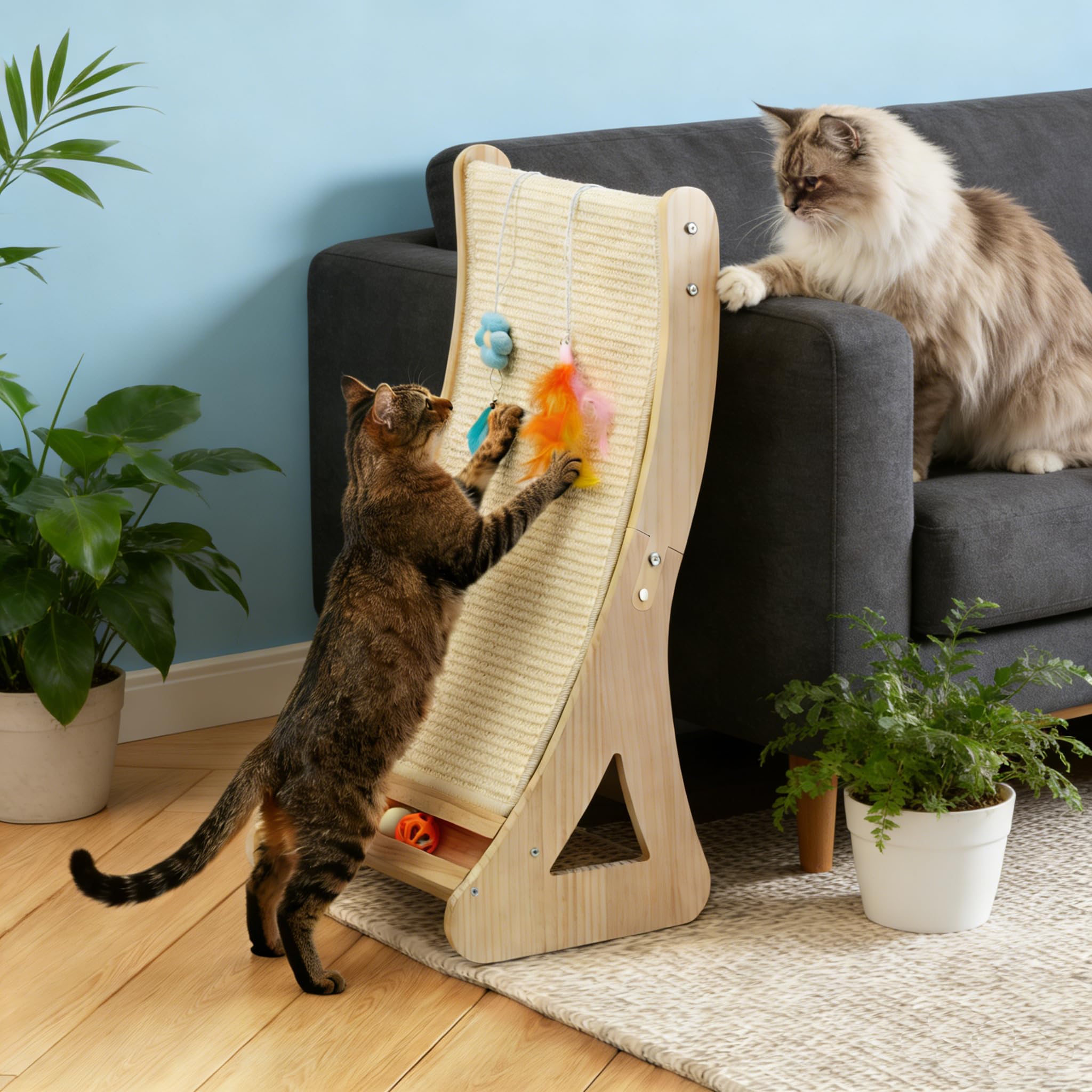 Rascador para gatos de doble uso, cartón rascador para gatos, grande, 63 cm, curvado, muebles para gatos, 100 % sisal natural, para sofá y protección de pared, con cascabeles, juguete de