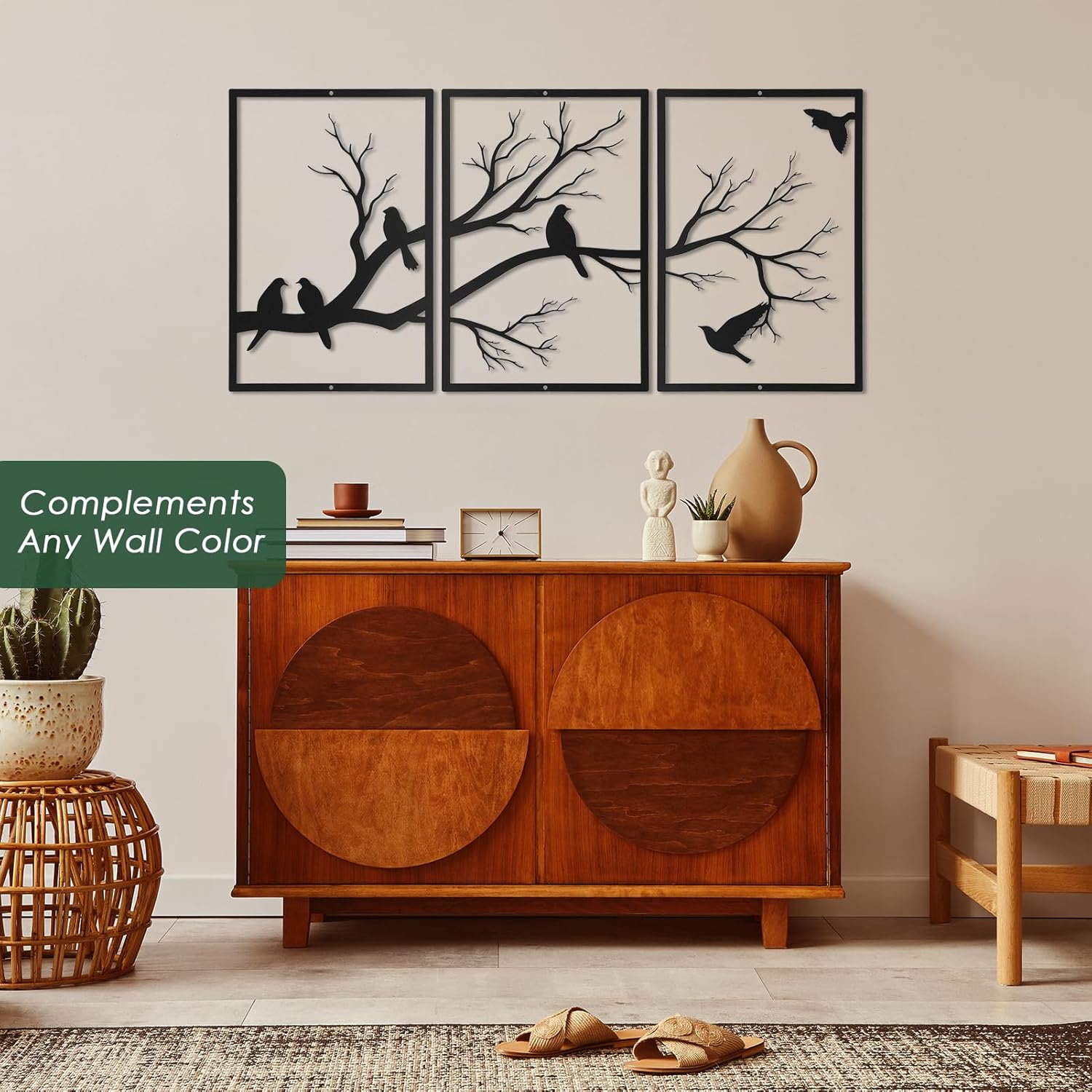 Sanwarm 3 Pieces Metal Bird Modern Wall Decor, Black Leaves Wall Art Decors Vivid Birds on Branch Silhouette Minimalist Hanging Decoration for Home Bathroom Living Room Bedroom Garden Office Gifts