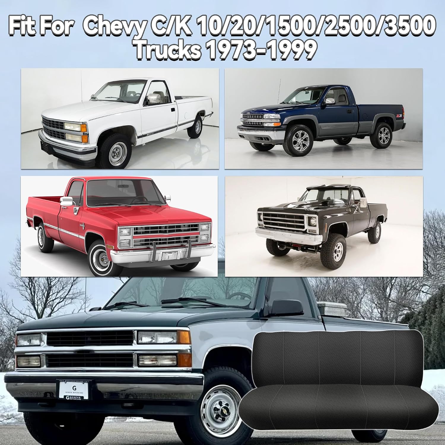 Custom Fit Bench Seat Covers Replace for Chevy 1973-1999 C/K Series Full Size Classic Trucks Without Headrests Bench Seat Protector Sandwich Air Mesh Fabric Soft Foam Lining Black