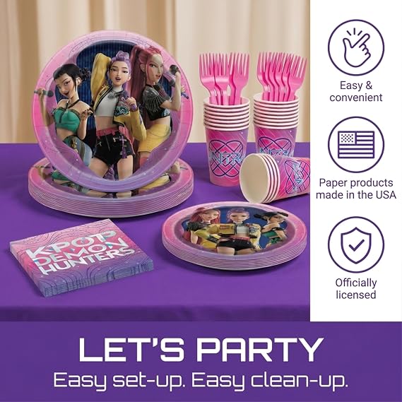 KPop Demon Hunters Birthday Decorations - Plates and Napkins, Cups, Forks