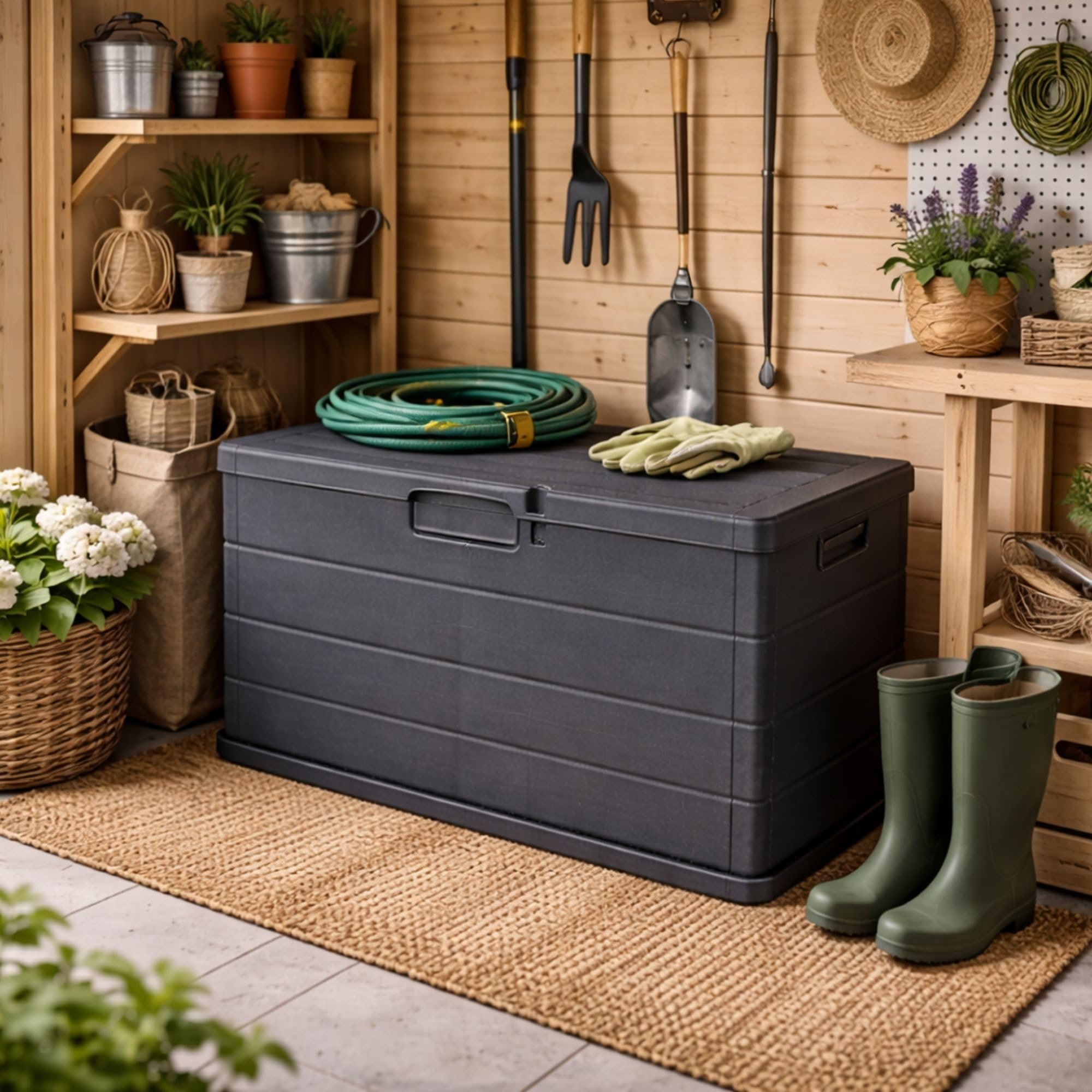 Maury's Baule Cassapanca 170 Litri Effetto Legno, Contenitore Stoccaggio in Resina Antracite 78x55x52 cm
