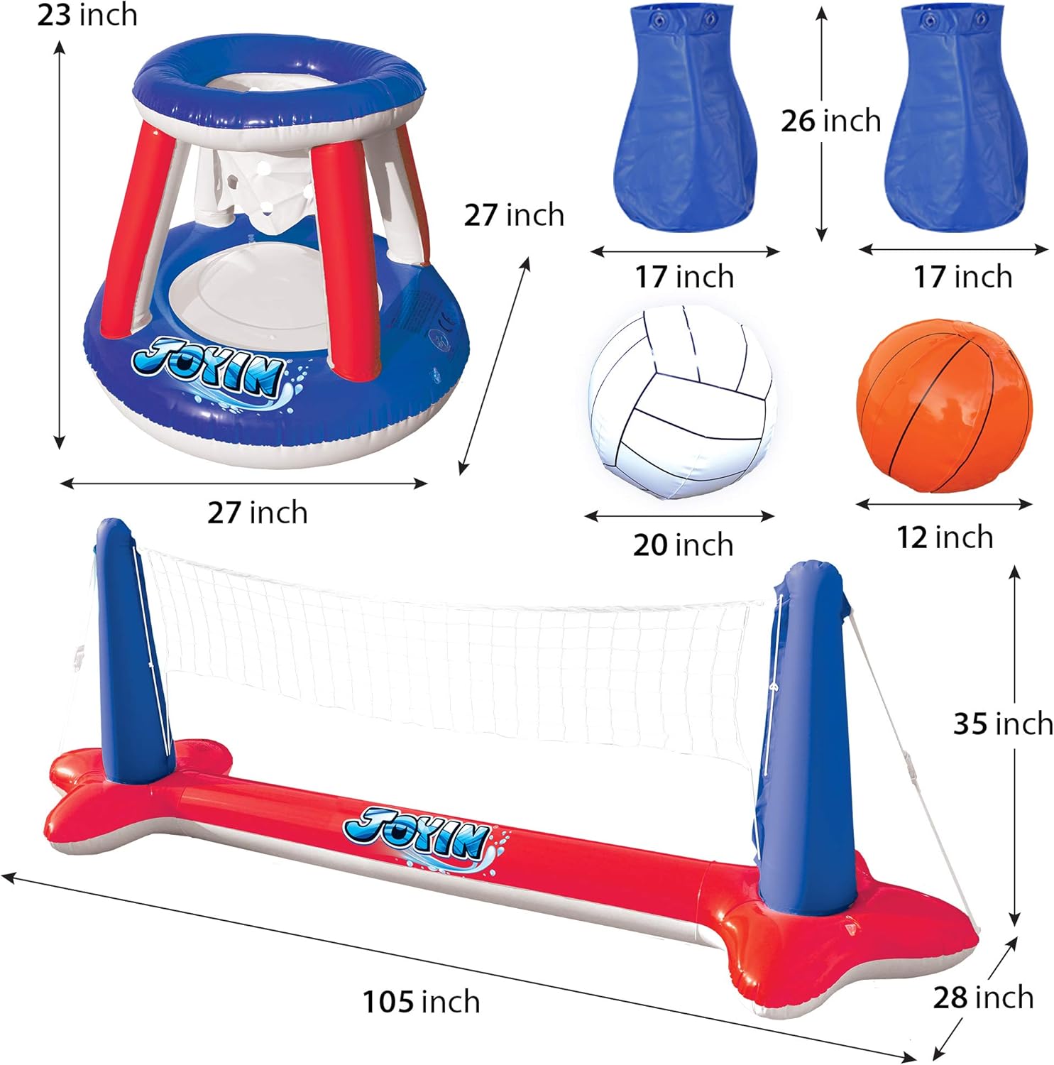 Inflatable Pool Float Set Volleyball Net & Basketball Hoops; Balls Included for Kids and Adults Swimming Game Toy, Floating, Summer Floaties, Volleyball Court (105”x28”x35”)|Basketball (27”x23”x27”). : Toys & Games