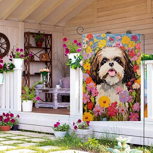 Miniatura 3 de TopPacific Shih Tzu - Bandera de bienvenida para jardín, 12 x 18 pulgadas, doble cara, de arpillera, margarita pequeña, flores de pensamiento,