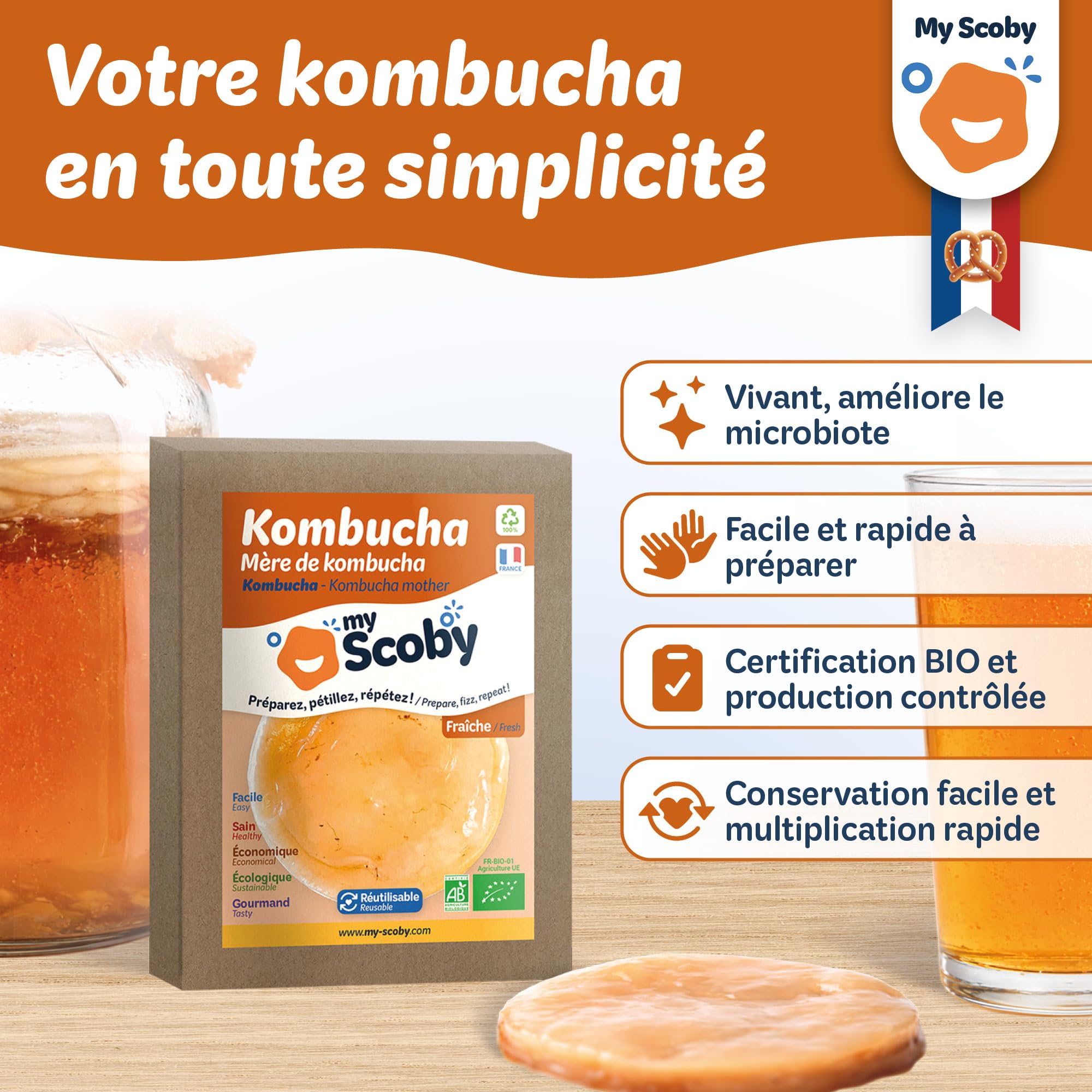 BIO Scoby di kombucha - Fresco - Riutilizzabile - Starter incluso - Controllato - Ricetta completa inclusa