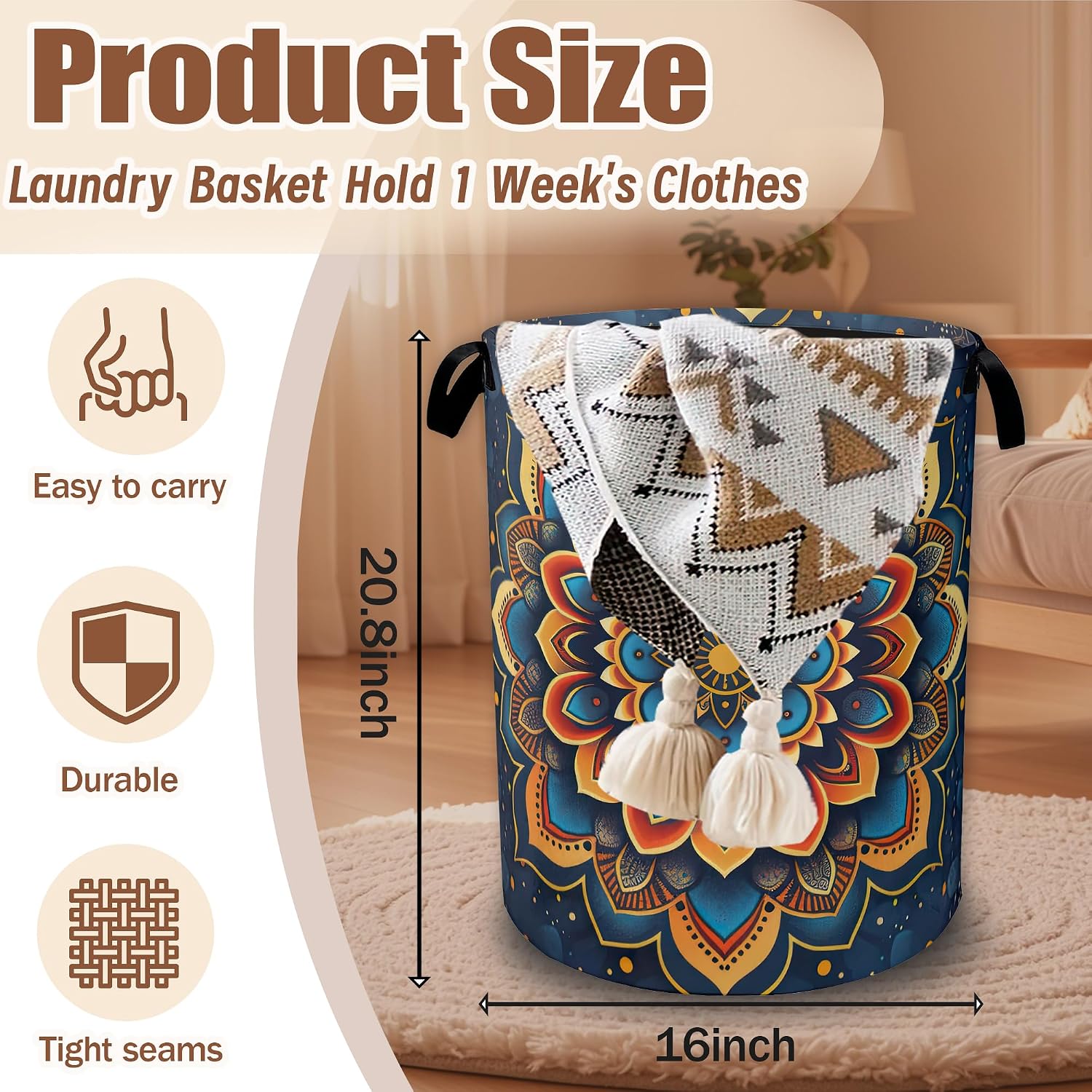 Boho Mandala Laundry Hamper,Laundry Baskets,Waterproof Oxford Cloth Toy Storage for Bedroom,Bathroom,Nursery,16x20.8 Inch