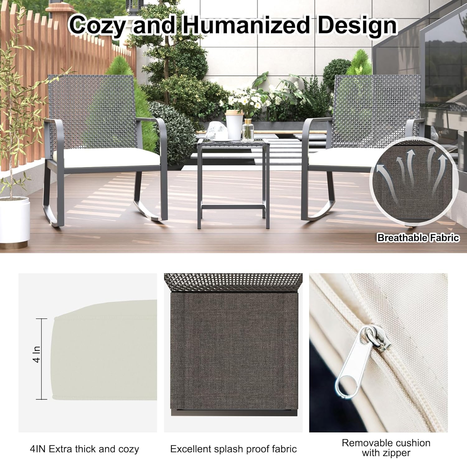 3 Piece Rattan Patio Bistro Set, Wicker Conversation Set with Coffee Table, for Porch Backyard Balcony Patio, Black Frame (White, 3PCS)