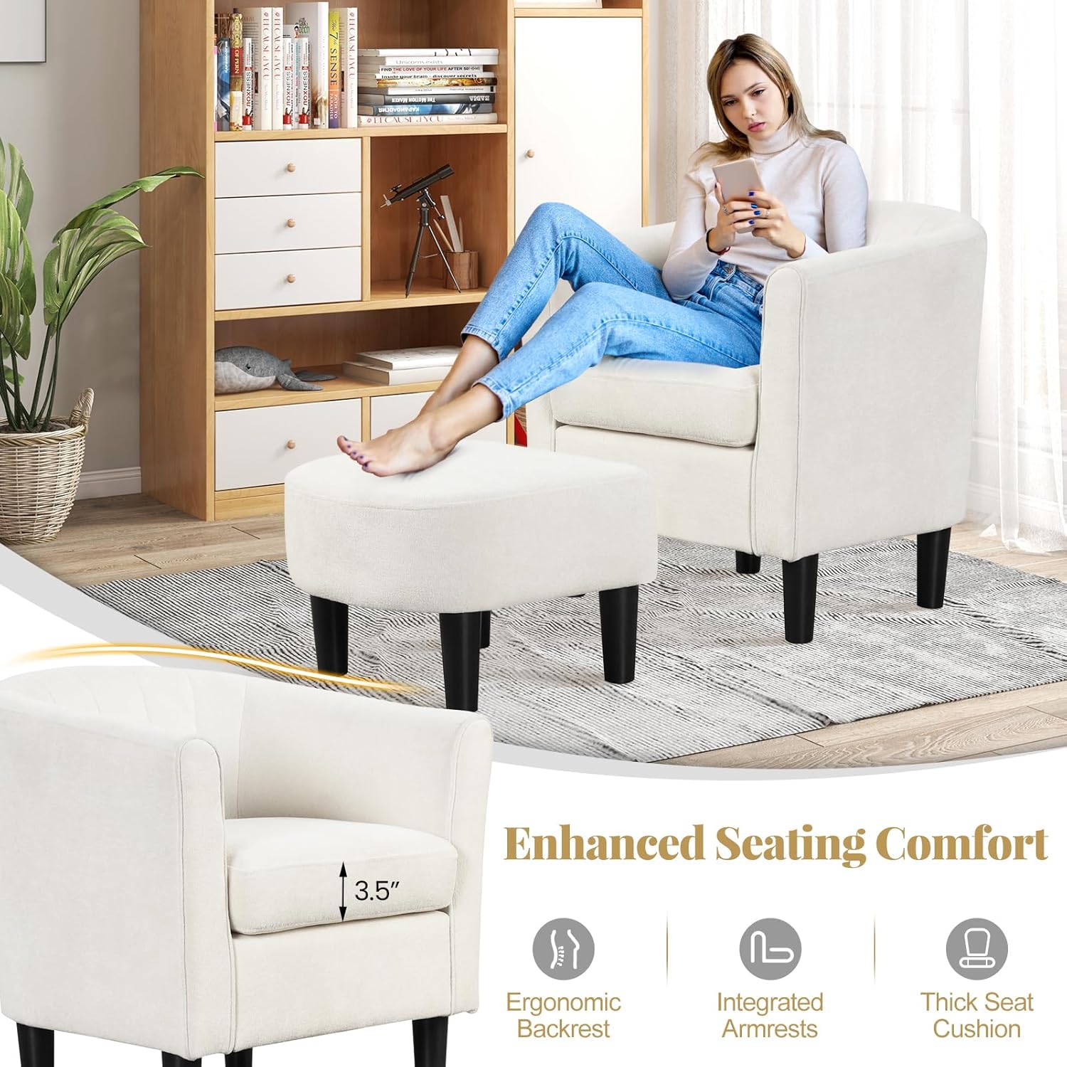 GOFLAME Accent Chair with Ottoman, Modern Teddy Velvet Barrel Chair with Footrest, Curved Backrest, Removable Seat Cushion, Upholstered Club Tub Sofa, Reading Armchair for Living Room, Bedroom, Beige