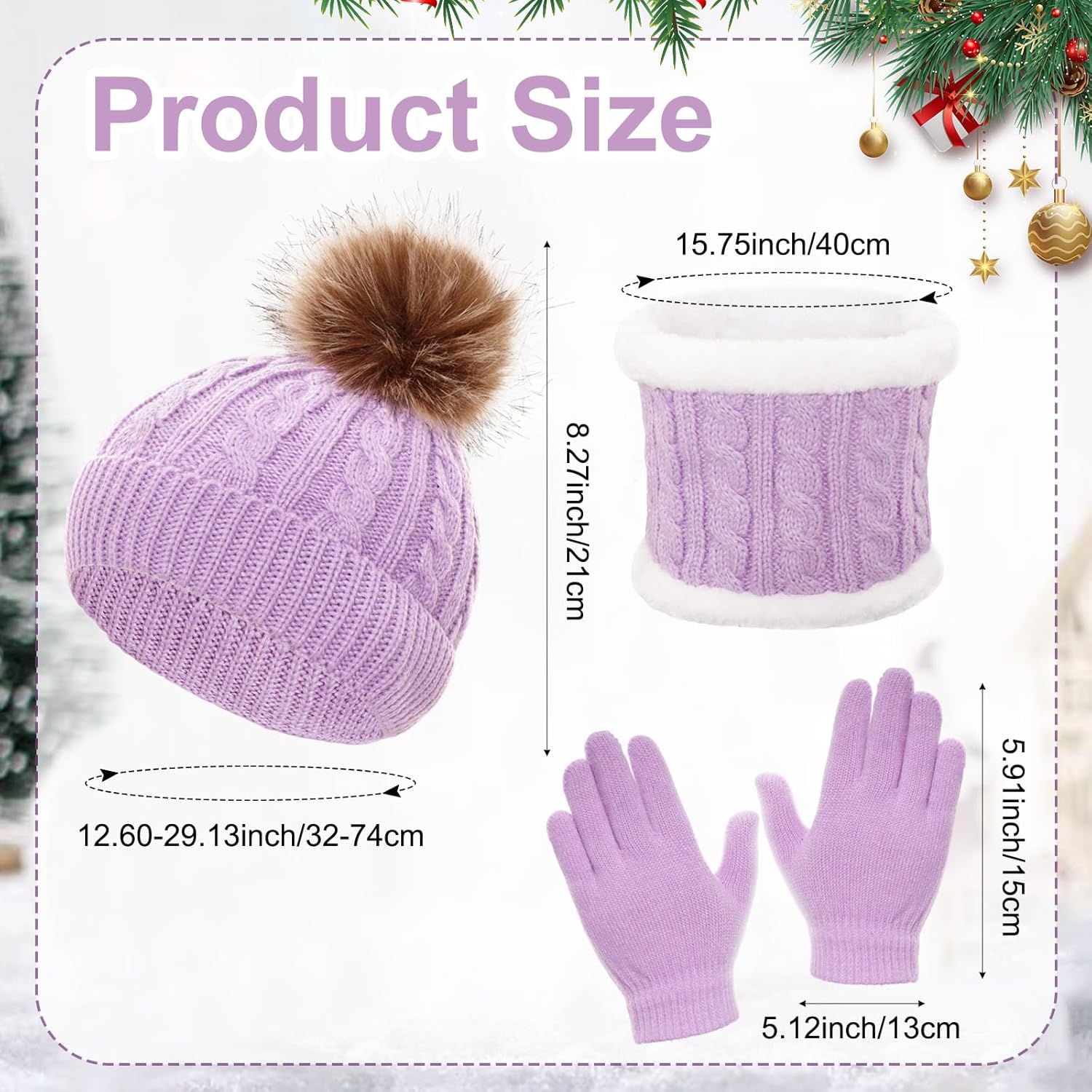 Heliltd 3pcs Kids Winter Hat Scarf Gloves Set Warm Knit Beanies with Pom Pom Soft Neck Warmer Mittens for Boys Girls Age 3–10 - Image 2