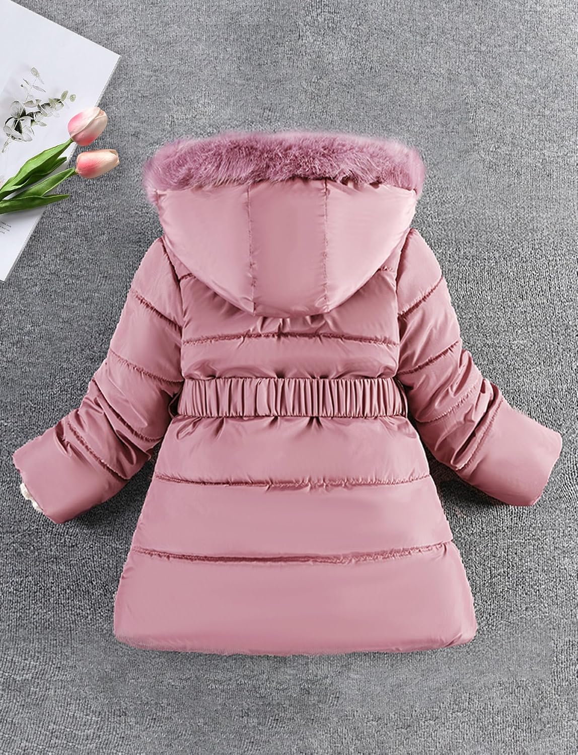 Happy Cherry Girls Winter Coat Heavyweight Fleece Kids Snow Puffer Jacket Hooded Warm With Waist Belt and Pockets