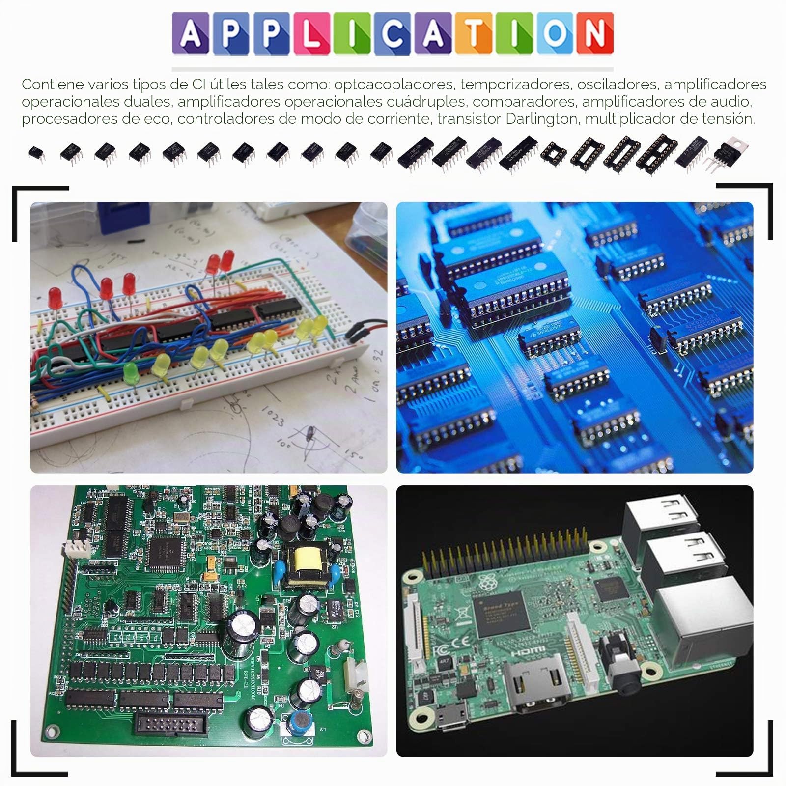 Glarks 169 piezas IC Chip surtido opamp, oscilador, pwm, PC817, NE555, LM358, LM324, JRC4558, LM393, LM339, NE5532, LM386, TDA2030, TDA2822, PT2399, UC3842, UC3842, UC30. 843, UL. N2003, ULN2803.