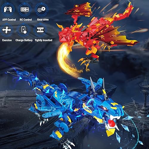 Miniatura 4 de Addshiny Kit de construcción de dragón de control remoto y aplicación con módulo de potencia, 13147 Sky Storm Dragon Set de juguete de ladrillo,