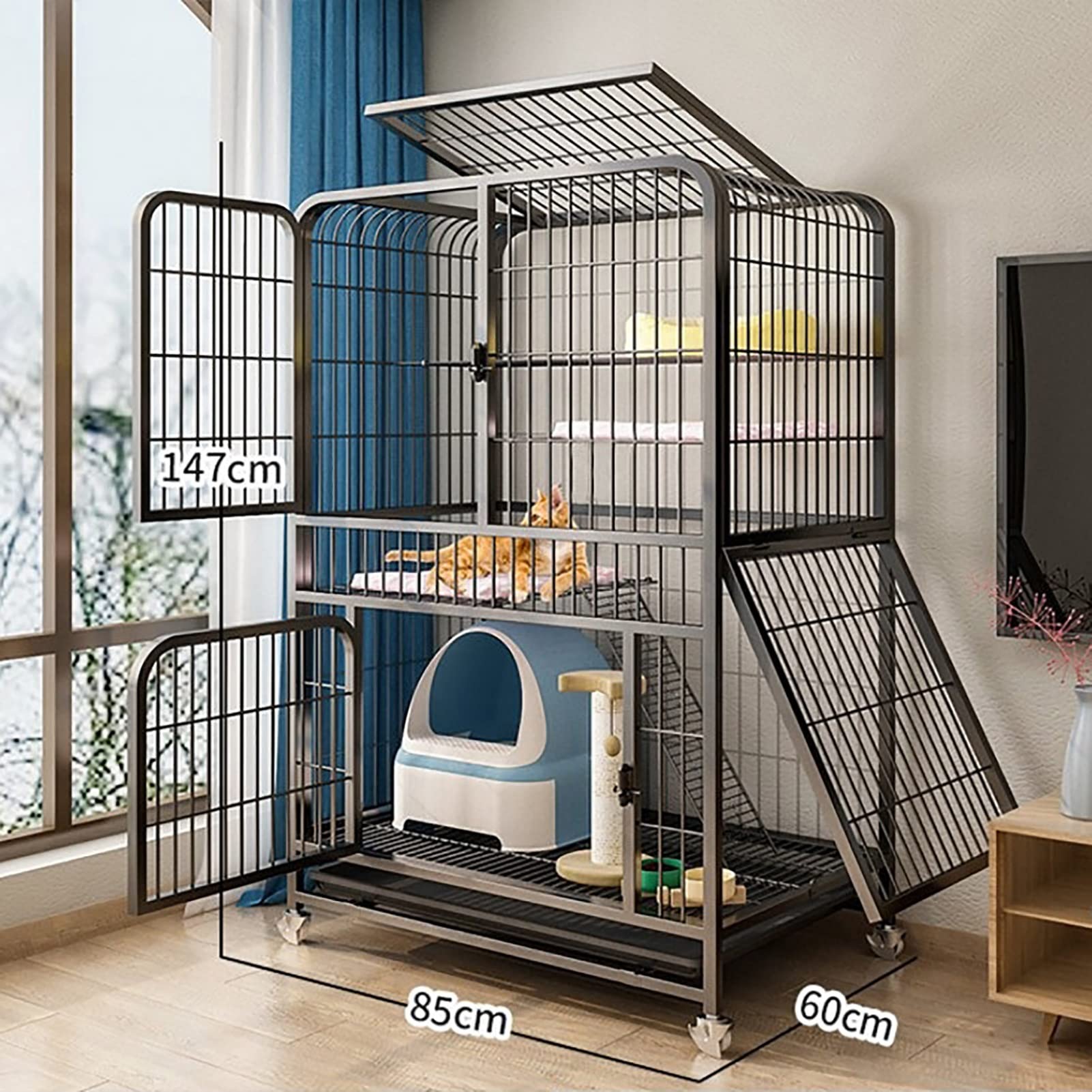 Klatka dla kota domek dla kota kuweta dla kota obudowa dla zwierząt domowych z drzwiami przednimi drabiny rampowe platformy do odpoczynku łóżka taca hamak klatka dla kotów (kolor: czarny, rozmiar: 71