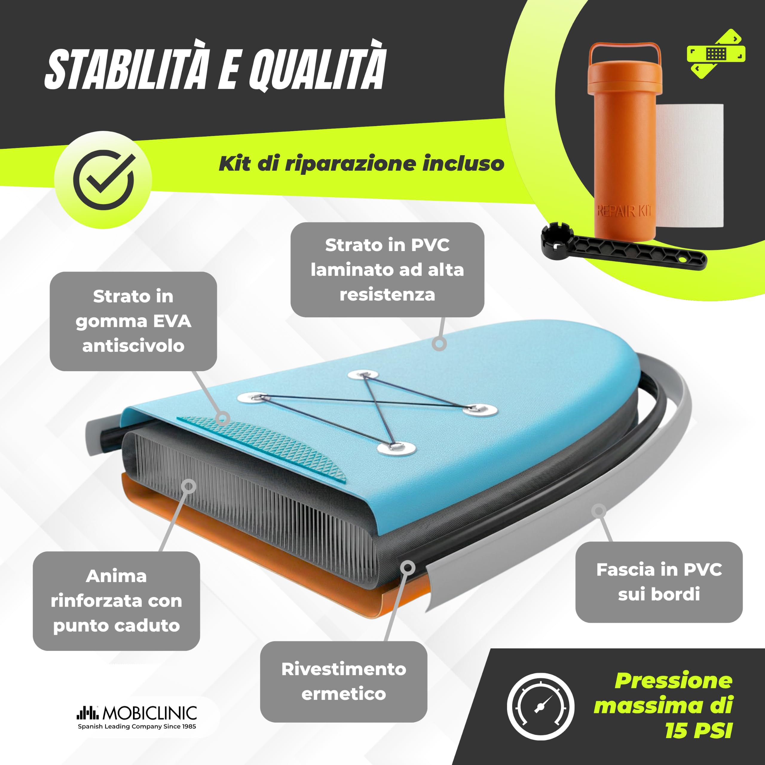 Mobiclinic®, Tavola da Sup Gonfiabile, Stand up Paddle, Pompa, Zaino, Pagaia Regolabile, Kit di Riparazione, 315x78x15 cm, Pieghevole, Per Bambini, Adulti e Animali Domestici