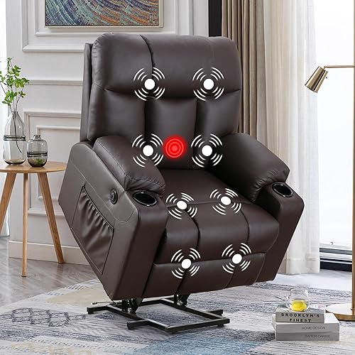 Bonzy Home Lift Recliner Chair for Elderly, Oversized Faux Leather Lift Chair with Heat and Massage, Extra Wide Single Sofa with 2 Cup Holders, Side Pockets, USB Port, Brown