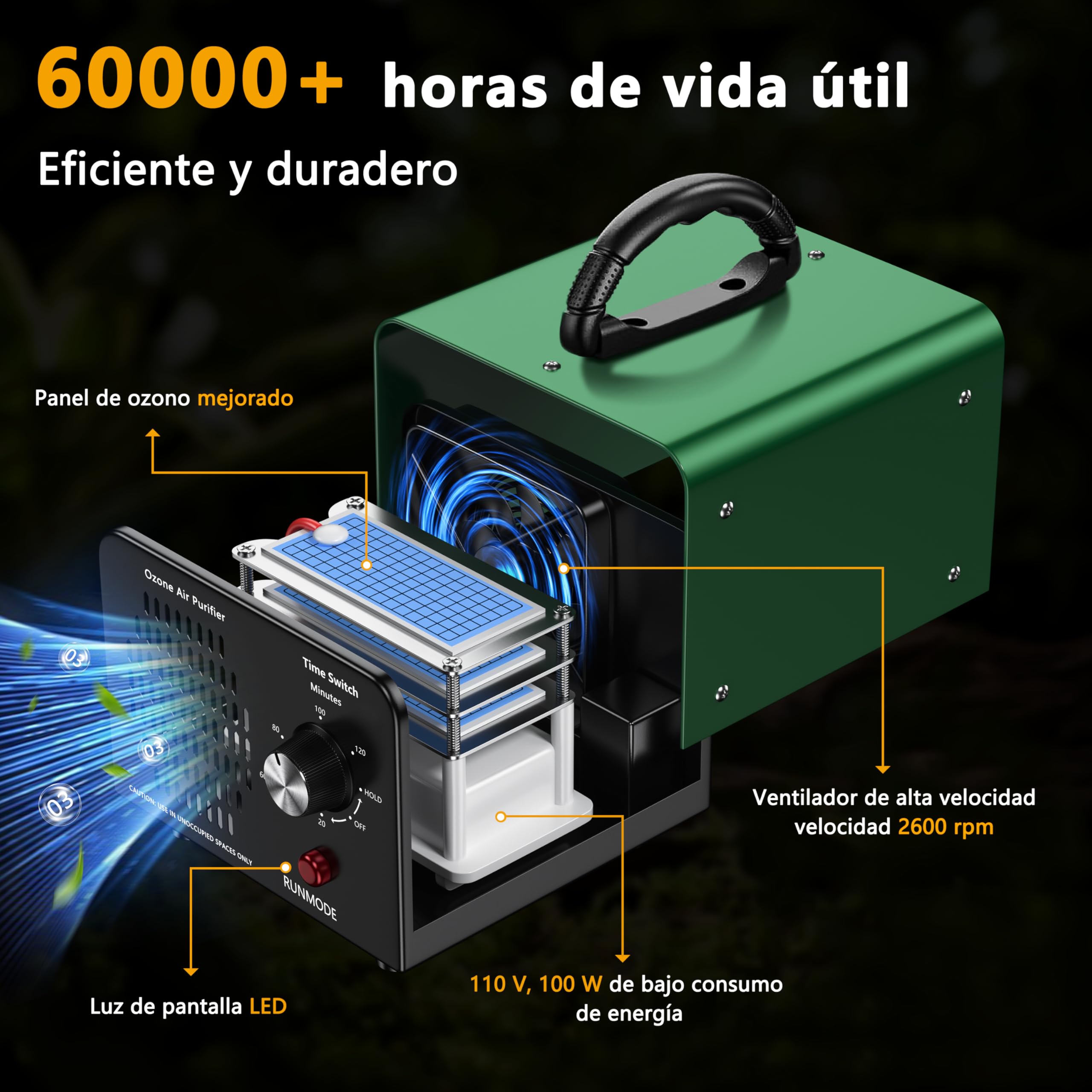 Generador de ozono de 90 000 mg/h con temporizador de 120 minutos, ozonizador de 600 m². Aparato de ozono industrial, ozonizador O3 para el hogar/humo/olores de mascotas/olores de cocina/garaje/hotele