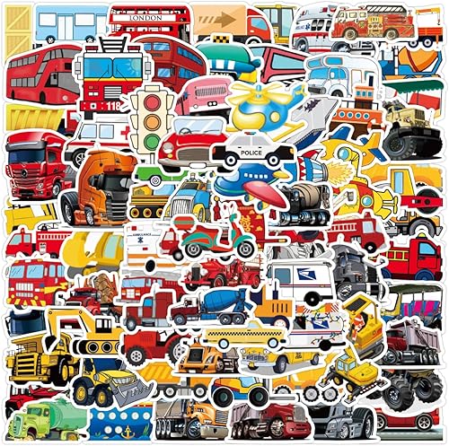 100 calcomanías de vehículos para niños, calcomanías de transporte con camión de construcción, excavadora, automóvil, tren, motocicleta, camión de