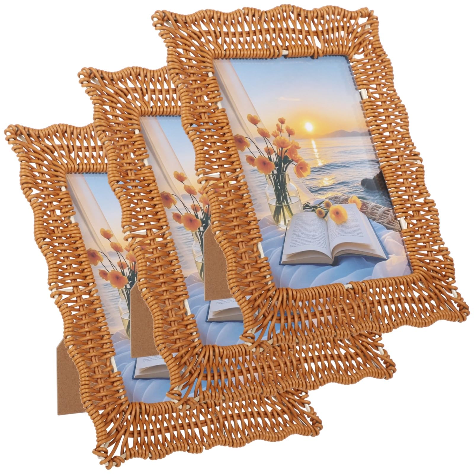 3 PCS Scalloped Picture Frame, 5 x 7 Inch Wicker Weave Rattan Photo Frame, Handmade Woven Rattan Picture Frame, Boho Farmhouse Style Tabletop or Hanging Display for Many Home Decor Style (5X7)