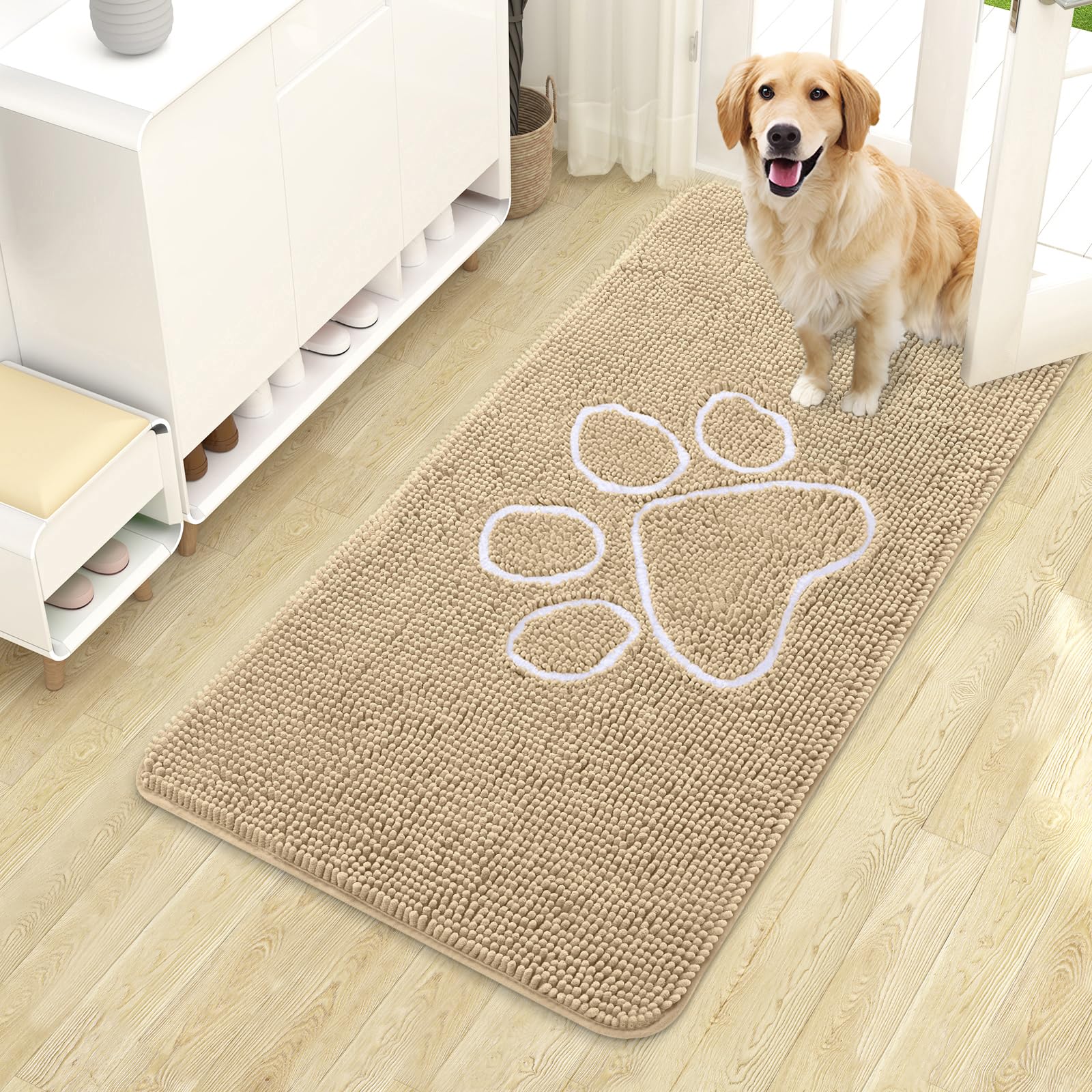 OLANLY Dog Door Mat for Muddy Paws 44x24, Paw Print Design Chenille Mud Mat
