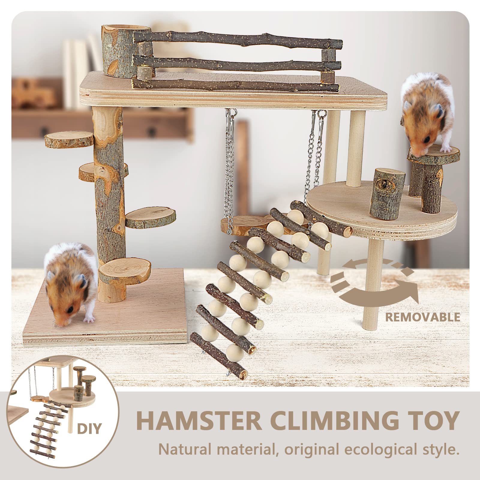 VolksRose Holz Hamster Spielplatz Plattform, Hamster Klettern Spielzeug, Natur Living Klettersystem Kleintiere Aktivitätsset mit Leiter Futterschale Rampe Brücke für Maus Rennmäuse Ratte Chinchilla