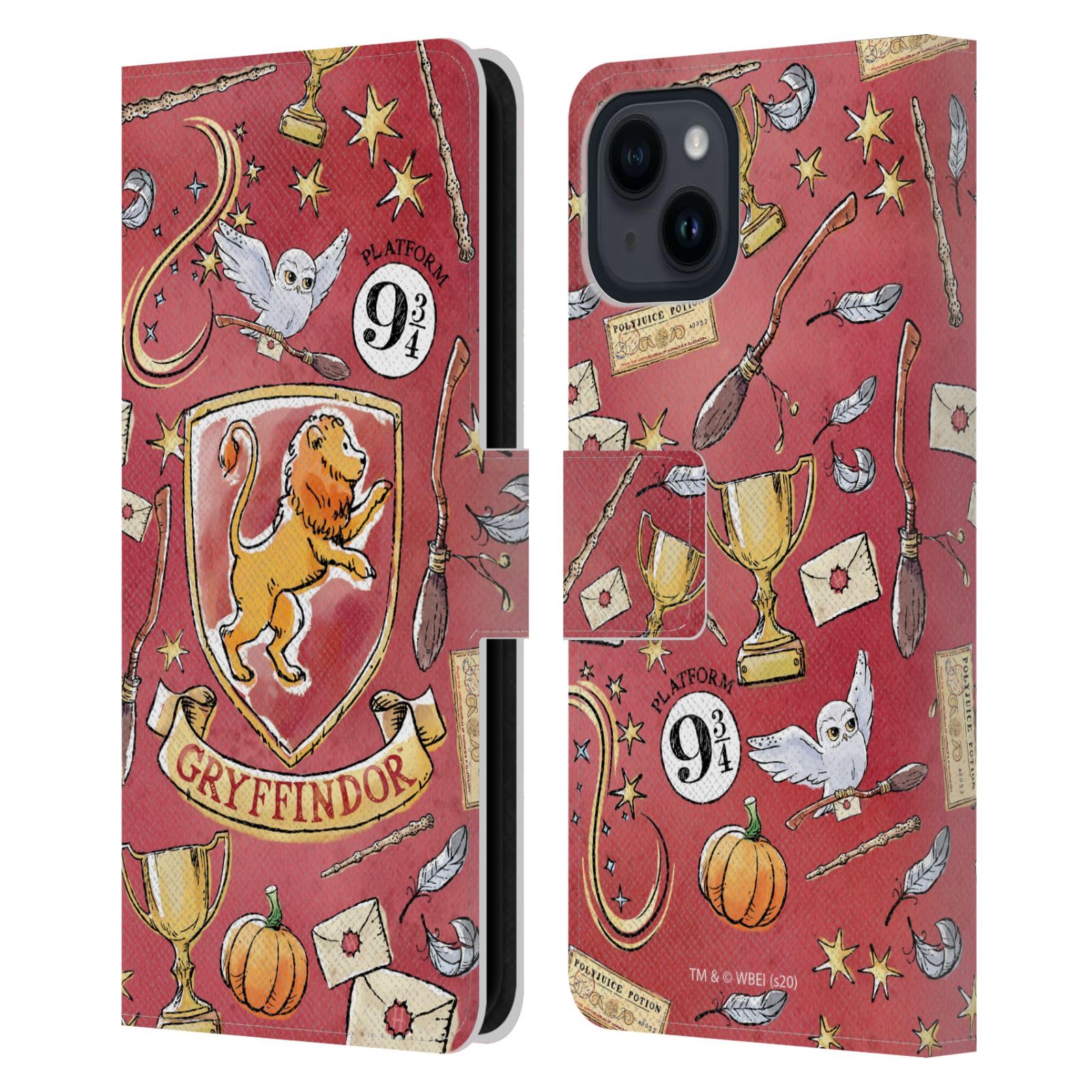 Head Case Designs Officially Licensed Harry Potter Gryffindor Pattern Deathly Hallows XIII Leather Book Wallet Case Cover Compatible with Apple iPhone 15