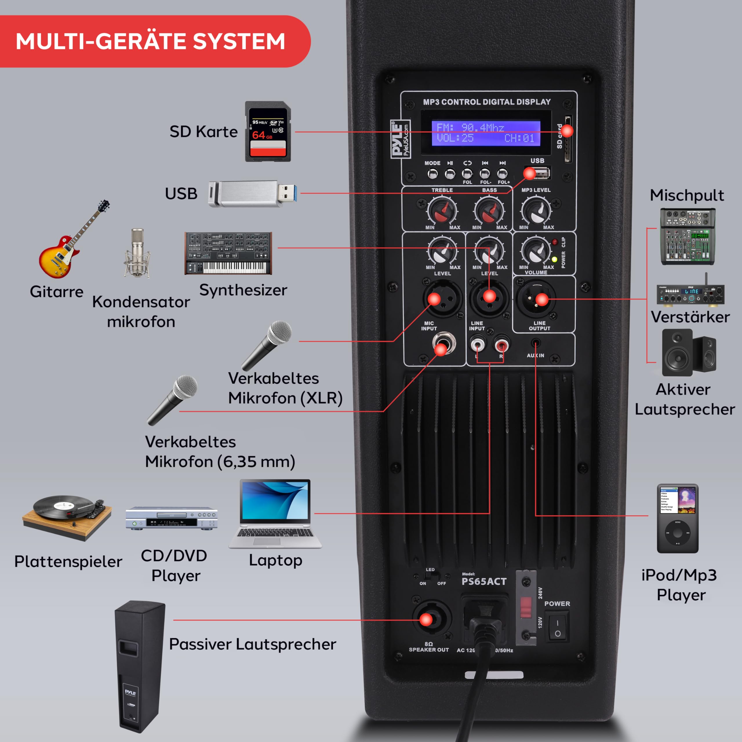Pyle Tragbares Bluetooth PA-Lautsprechersystem, 3-Wege Aktiver & Passiver Outdoor Bluetooth Lautsprecher Tragbares PA-System mit Mikrofoneingang, Partylichter, FM-Radio -Stativ, Fernbedienung, Schwarz
