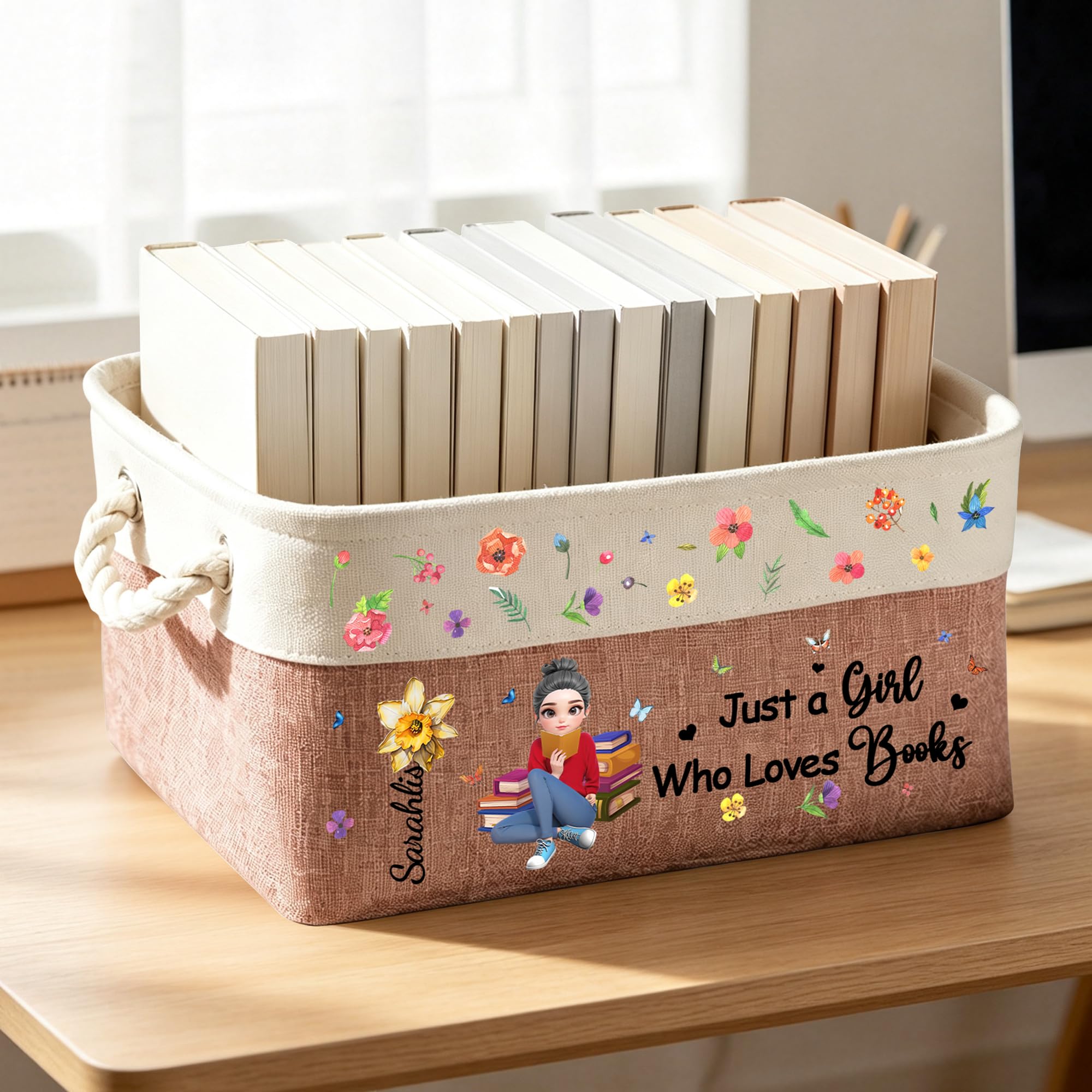 Just A Girl Who Loves Books Personalized Book Lover Storage Basket With Birth Month Flower Gift, Custom Name Birth Flower Floral Book Storage Basket Organizer Gift for Women Bookish