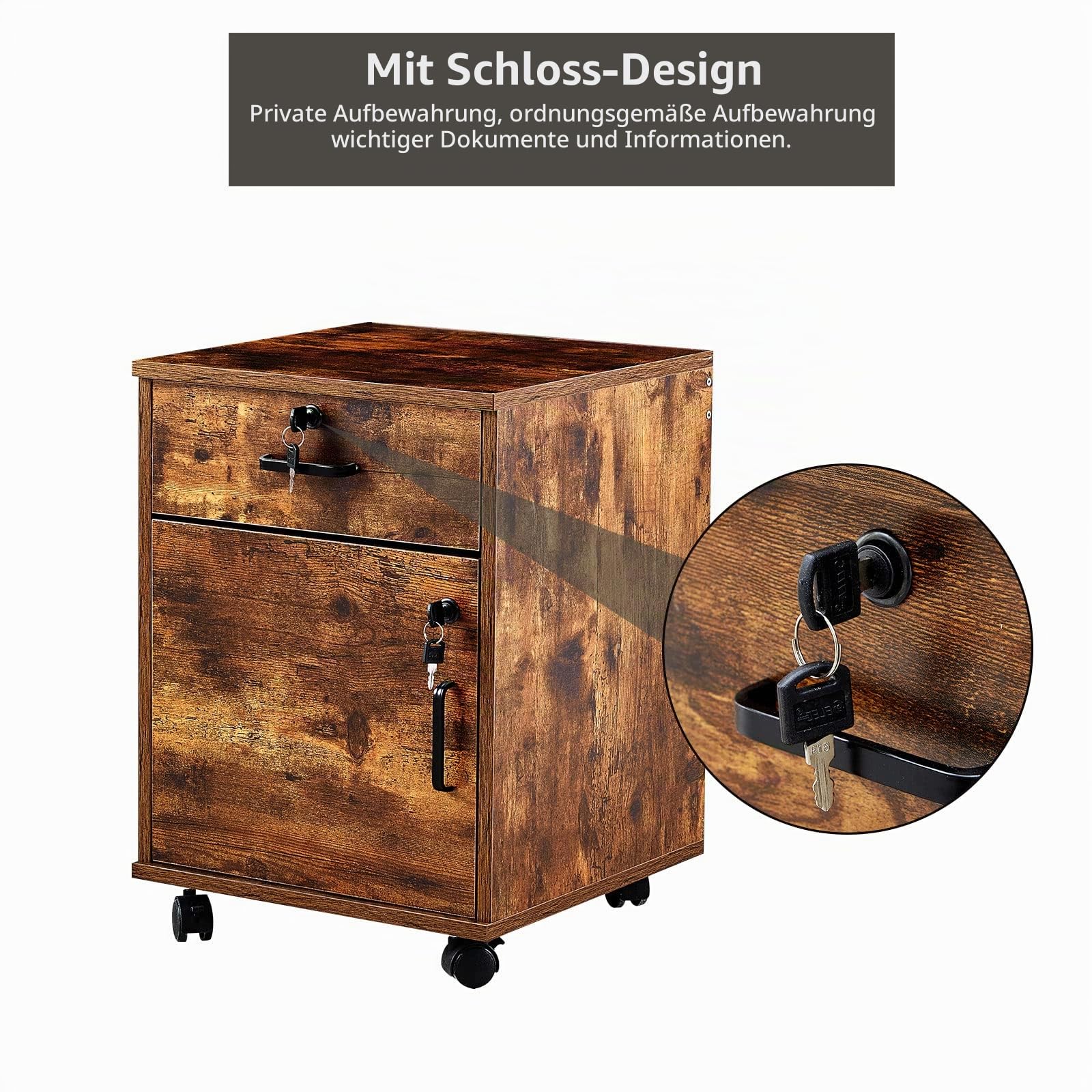 CLIPOP Rollcontainer Abschließbare Aktenschrank Holz Schublade Aktenschrank mit 1 geschlossenem Speicher und 4 Rolling Wheels, Mobile unter Schreibtisch Schrank für A4 Papier und Aktenordner