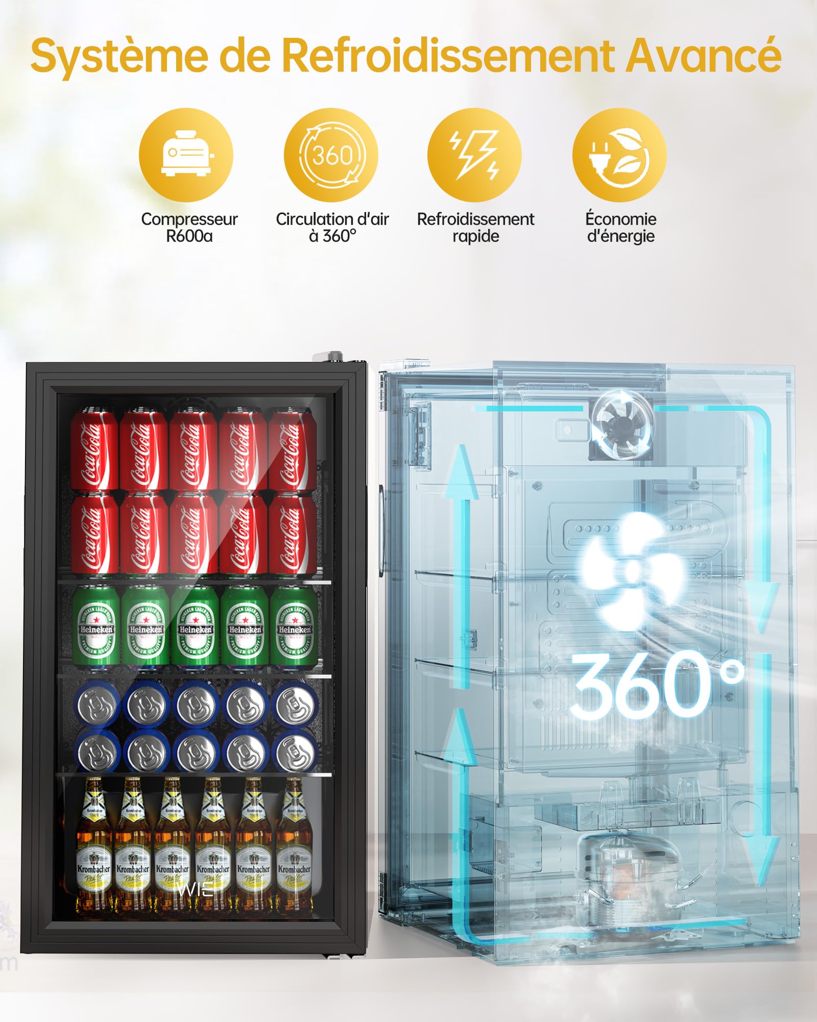 WIE Réfrigérateur Pour Boissons, Mini Frigo 83L Petit Frigo Silencieux de 0-10°C, Mini Bar Intérieur, Pour Salle de Jeux, Fête, Noir