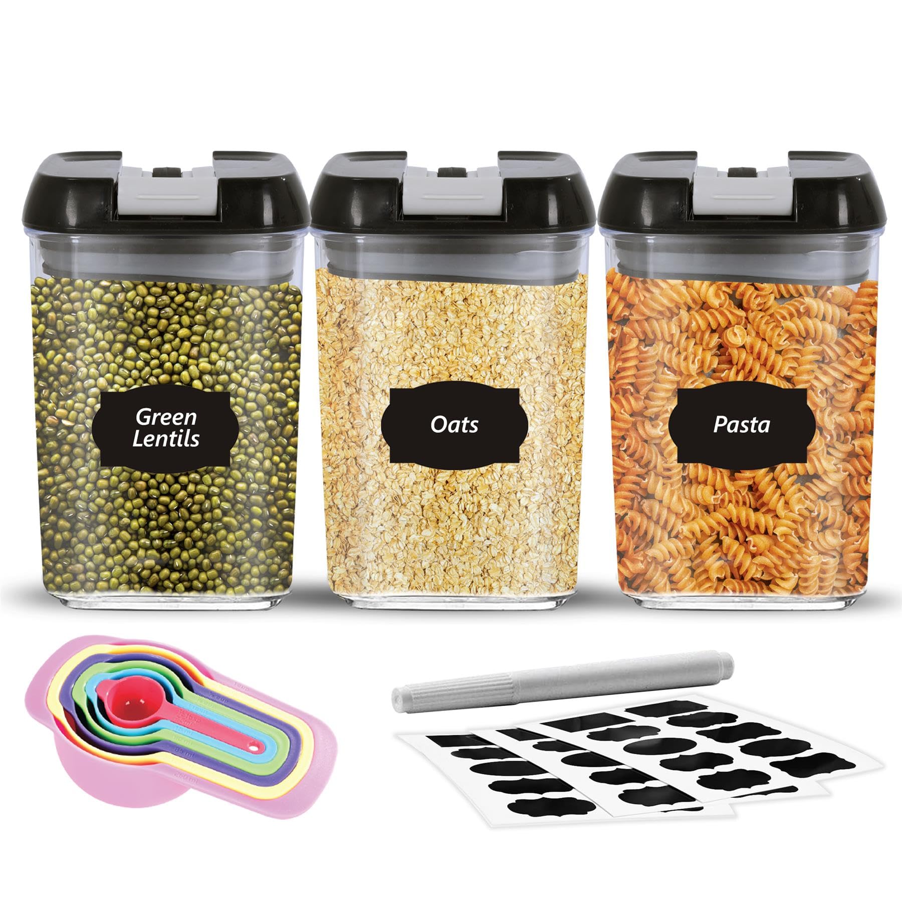 Mantraraj Black, Clear Airtight Food Storage Containers Set Pk3 X Plastic Storage Jars With 1 Marker, 10 Labels, 6 Measuring Spoons Kitchen Pantry Organization For Flour, Cereals, Grains, Sugar, Nuts, Pasta 0.8L