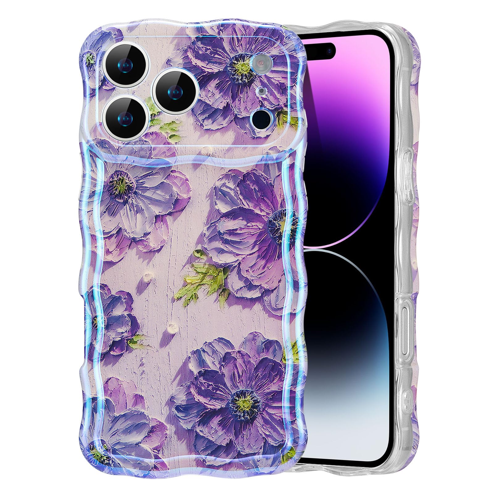 EYZUTAK Case for iPhone 15, Colorful Retro Oil Painting Flower Laser Beam Glossy Pattern Cute Curly Waves Border Exquisite Phone Cover Stylish Durable Soft TPU Protective Case for Girls Women - Green — view 77