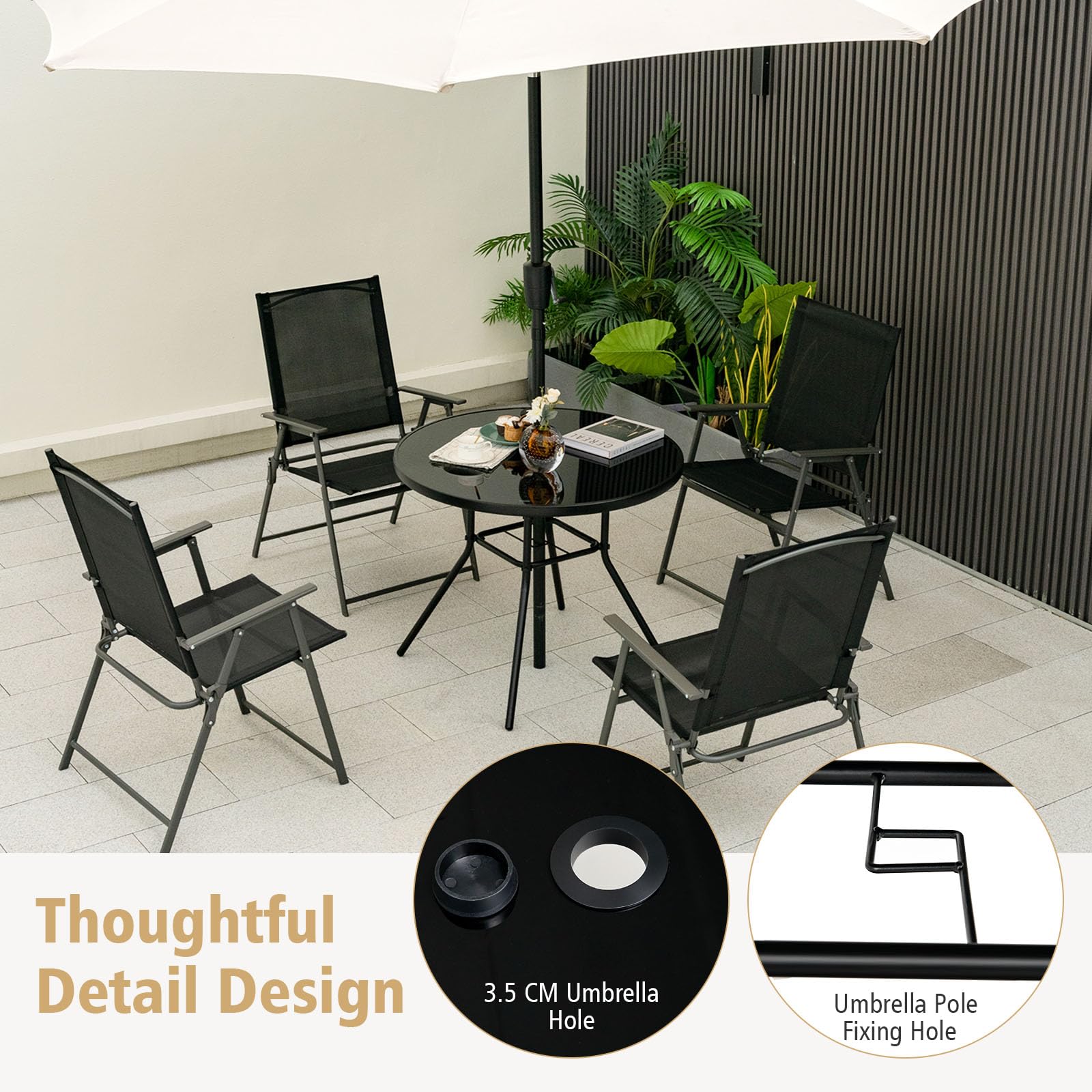 GIANTEX Table Bistrot 86 cm, Table à Manger de Jardin avec Trou pour Parasol de 3,5 cm, Plateau en Verre Sérigraphié, Cadre en Métal, Table d'Appoint Ronde, pour Jardin, Terrasse, Noir