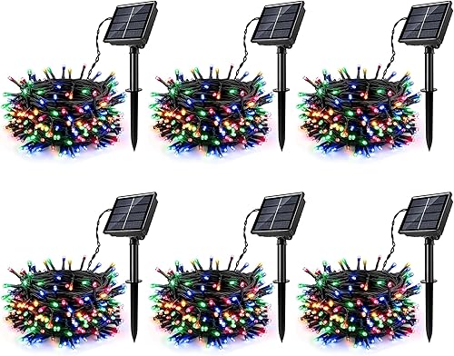 Paquete de 6 tiras de luces solares multicolores, 236 pies, 600 luces LED solares parpadeantes para exteriores con 8 modos y función de memoria,