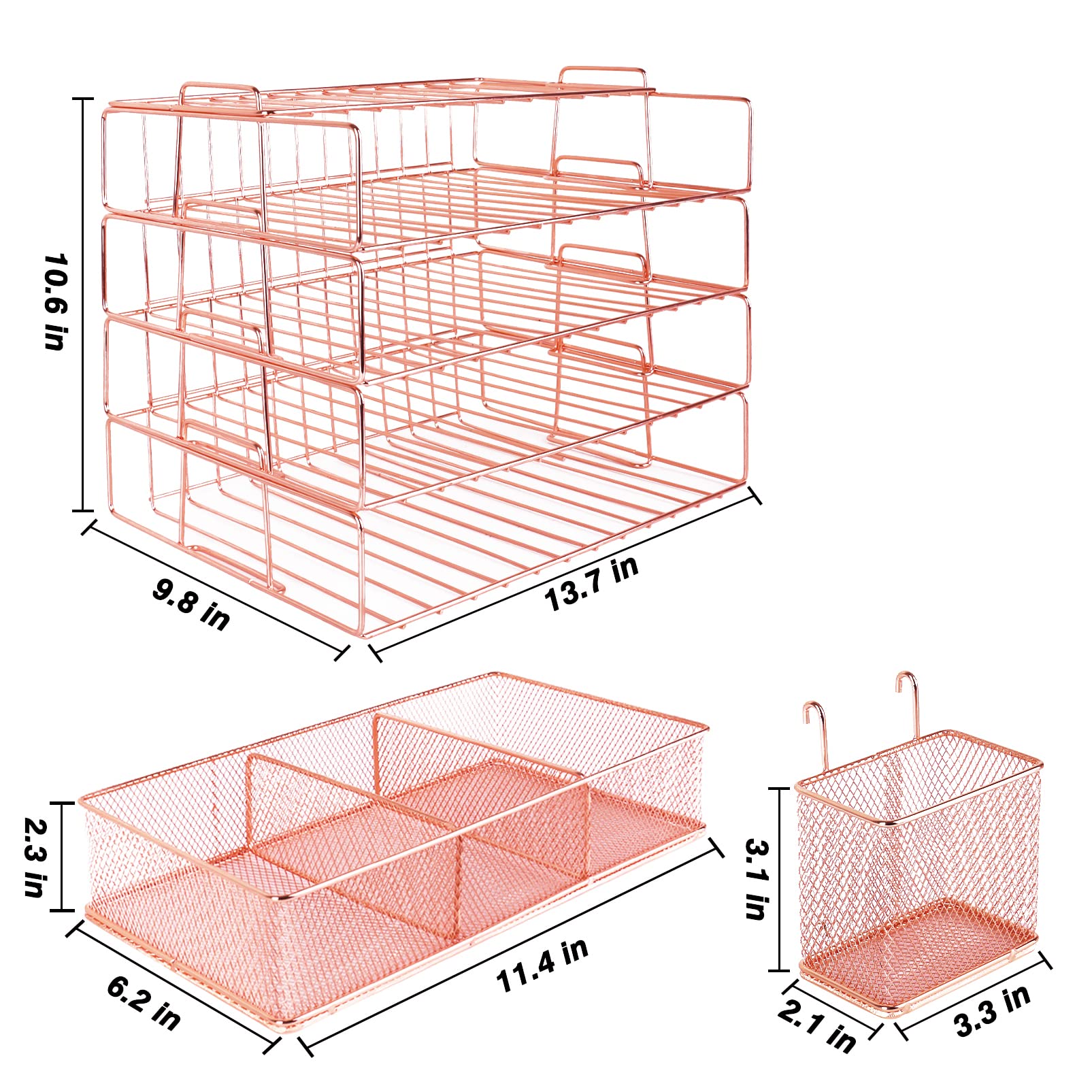 4-Pack Rose Gold Metal Mesh Desk Mail Organizers - 3-Slot File Holder For Papers, Mail, Bills - View #4