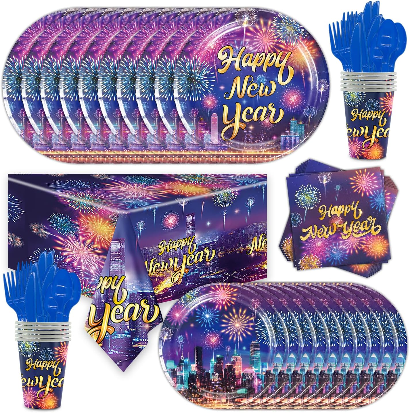 HOWAF 109pcs Colorful Firework New Year Party Tableware Set for 12 Guests, 2026 New Year's Eve Party Dinnerware Set, News Years Tablecloth Plates, Napkins, Cups, Knife, Fork