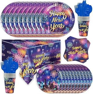 HOWAF 109pcs Colorful Firework New Year Party Tableware Set for 12 Guests, 2026 New Year's Eve Party Dinnerware Set, News Years Tablecloth Plates, Napkins, Cups, Knife, Fork