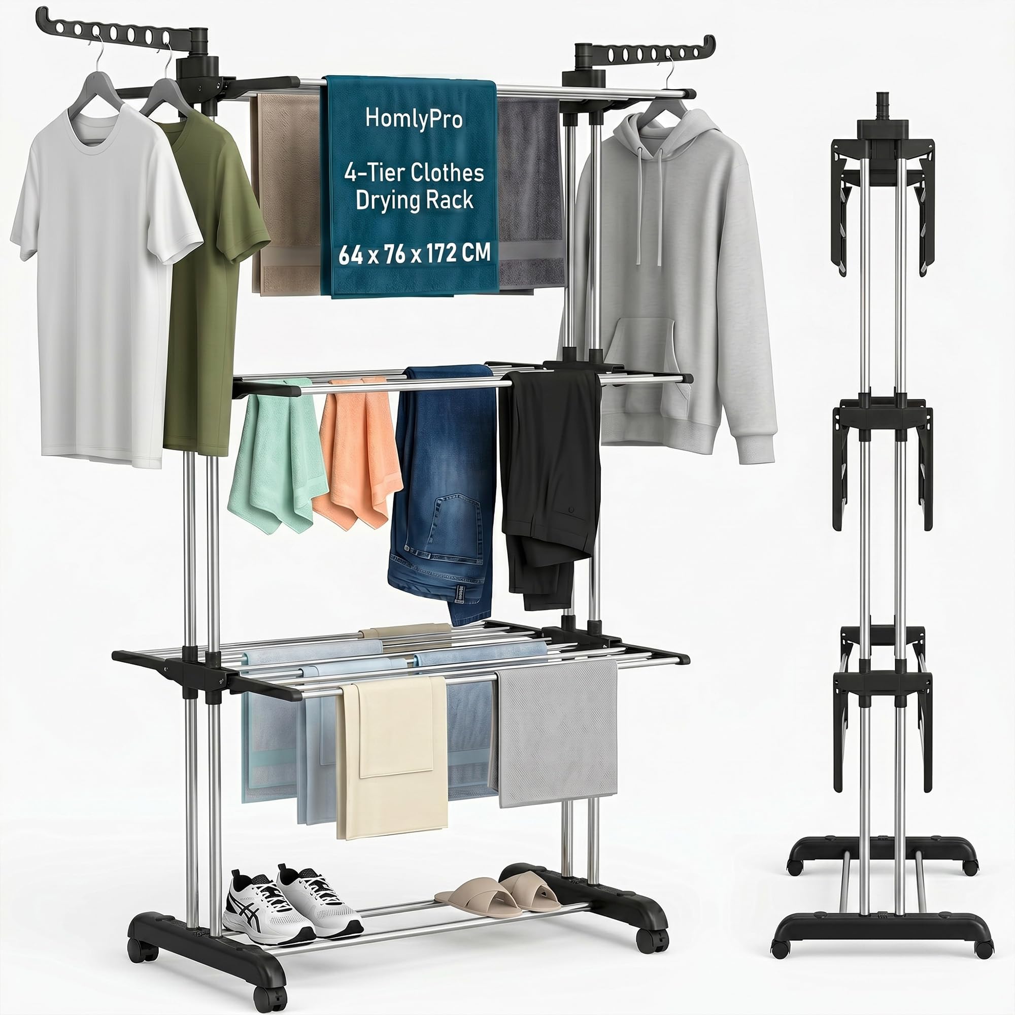 HomlyPro 4-Tier Clothes Drying Rack - 64 x 76 x 172 CM Foldable Stainless-Steel Clothes Airer with Wheels, Adjustable Wings, Space Saving Garment Hanger Stand for Indoor Outdoor Home Use (Black)
